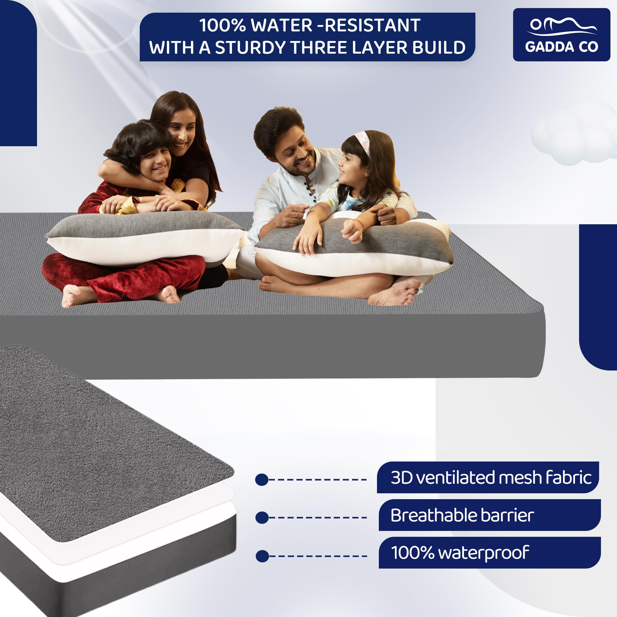 GADDA CO 100% Waterproof Premium Cotton Feel Mattress Protector King Size 78x72 Inch|Ultra Soft Breathable & Fitted Bed Protector Terry Cover Double Bed (6.5x6 feet, Fits 10 Inches, Grey) image 3