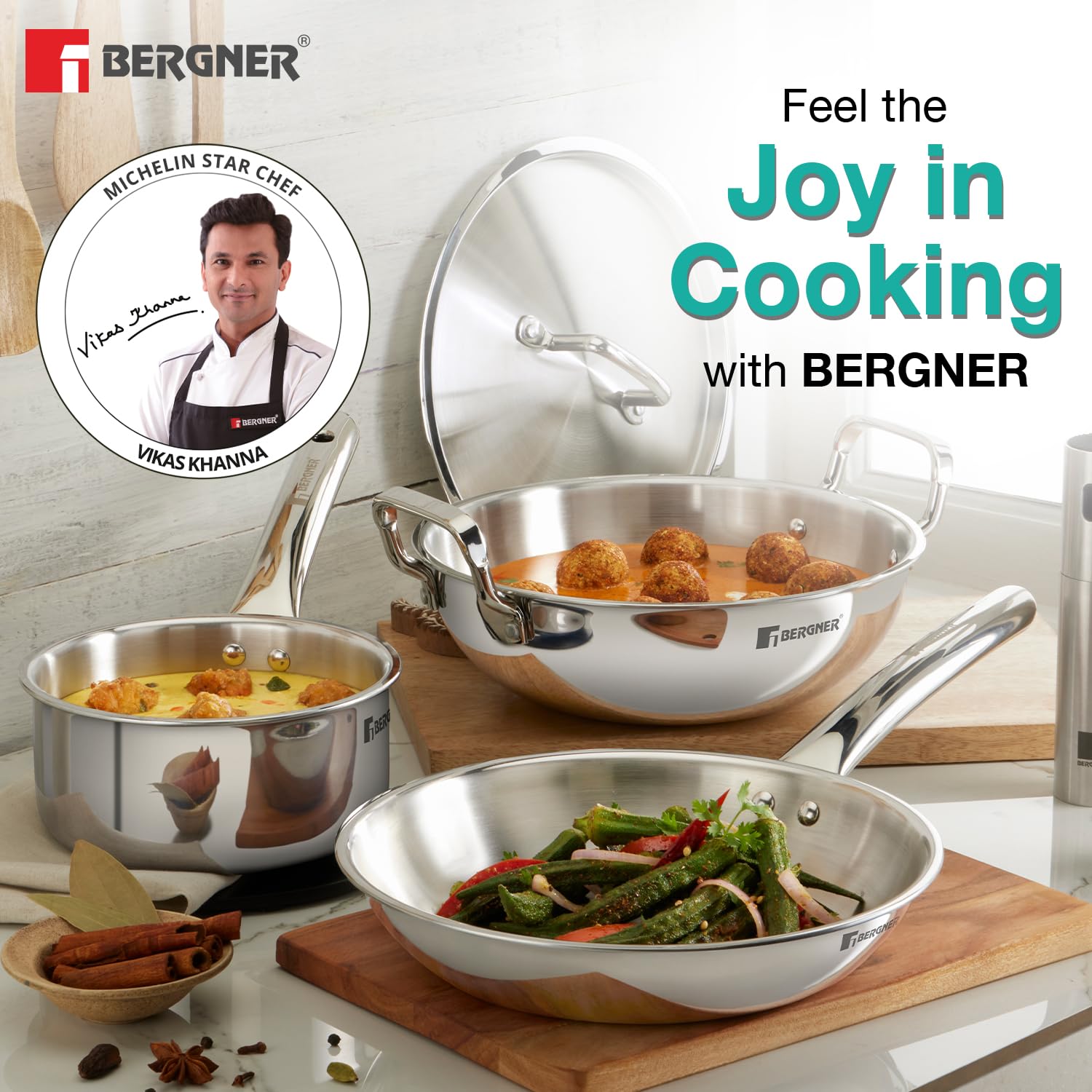 Bergner TriPro 4 Pcs Tri-Ply Stainless Steel Induction Bottom Cookware Set - 22cm (2L) Kadai and 22cm (1L) Frypan with Common Stainless Steel Lid, 14cm (1L) Teapan, Less Oil Use, Easy to Clean image 2