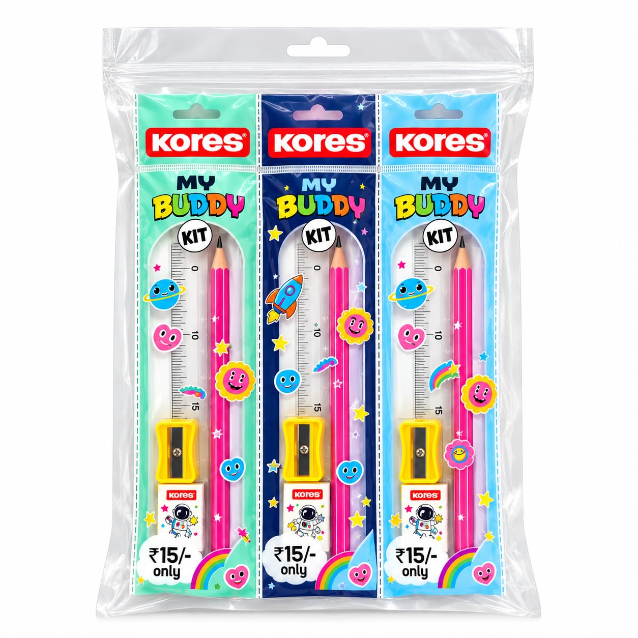 Kores My Buddy Kit Stationery Set, Pack of 10 | Pencil, Scale, Sharpener & Eraser | Kanjak Gift for Kanya Pujan & Navratri | Kids Return Gift