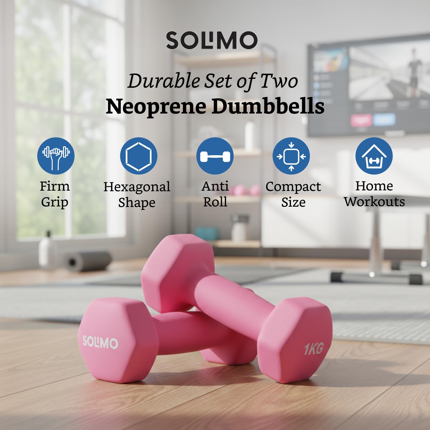 Amazon Brand - Solimo Neoprene Dumbbell 1kg, Set of 2 (Hot Pink) image 2