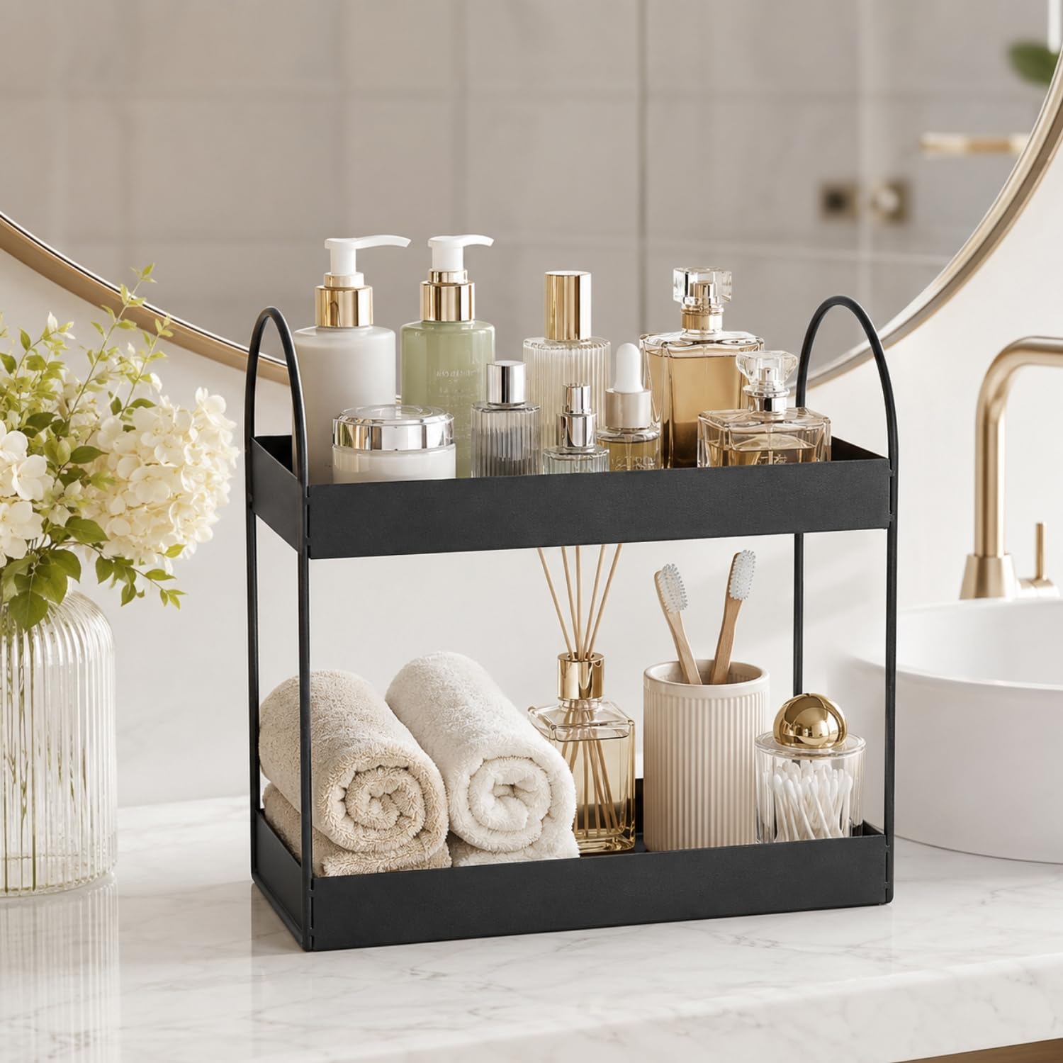 Go Hooked 2 Tier Kitchen Counter Organizer Rack 33x16.5x32 cm | Freestanding Metal Countertop Spice Rack & Pantry Storage Shelf | Bathroom Vanity Makeup Organizer | Rustproof Powder Coated Iron Black image 4