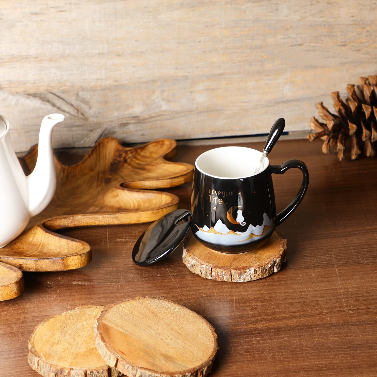 NYRWANA Coffee Mug, Gift for Woman, Birthday Present for Girlfriend, Mugs for Present, Valentine Gift for Girlfriend, Cute Mugs, Love Your Life Mug with Lid & Spoon (420ml - Black) image 3