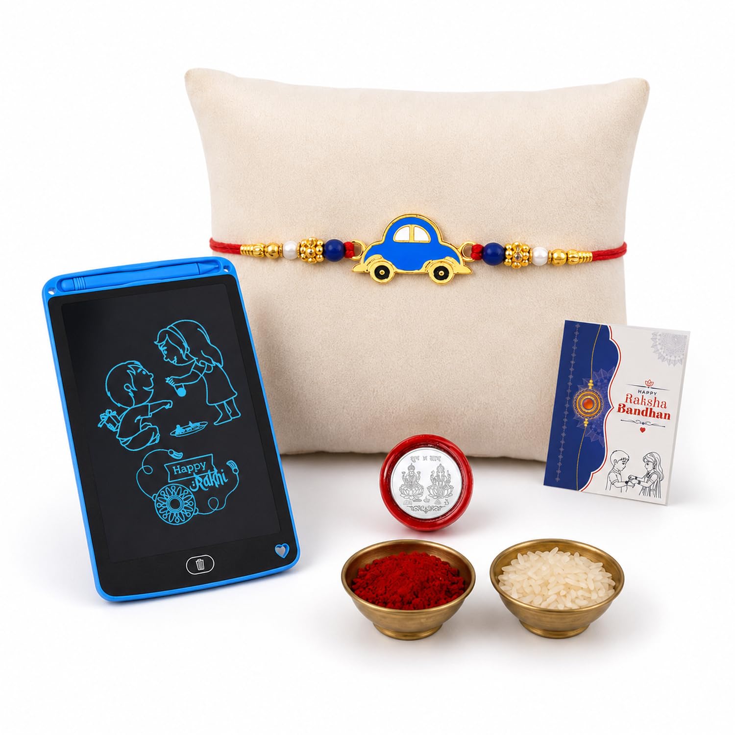 DeoDap Kids Cartoon Car Design Rakhi with 8.5 Inch LCD Writing Tablet for Brother, Pooja Coin, Roli Chawal & Greeting Card | Rakhi Gift Combo for Raksha Bandhan