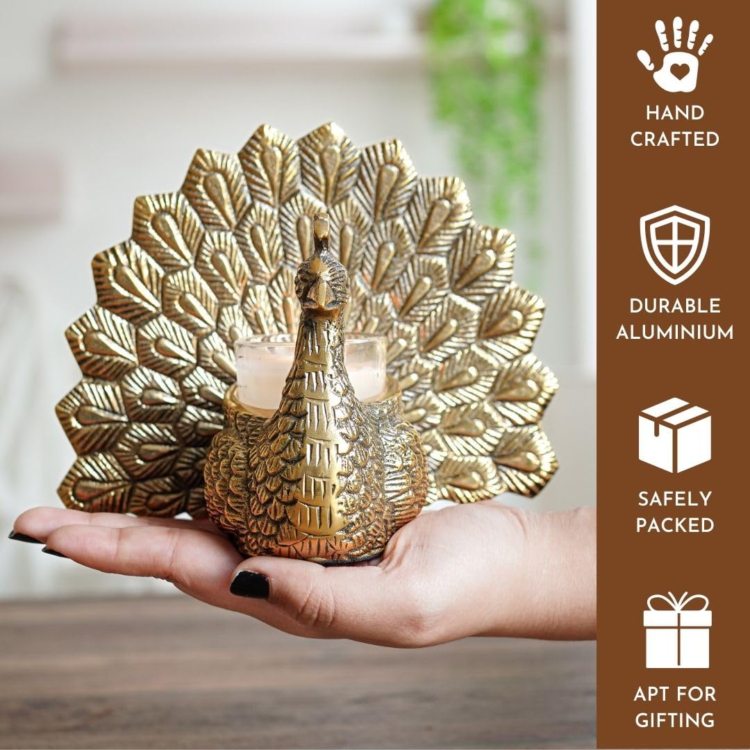 BEHOMA Metal Gold Dancing Peacock for Home Décor | Valentine’s Day, Birthday, Wedding Anniversary Romantic Gift for Women | Good Luck & Love Showpiece with Scented Glass Votive Candle (Golden,18.5cm) image 2