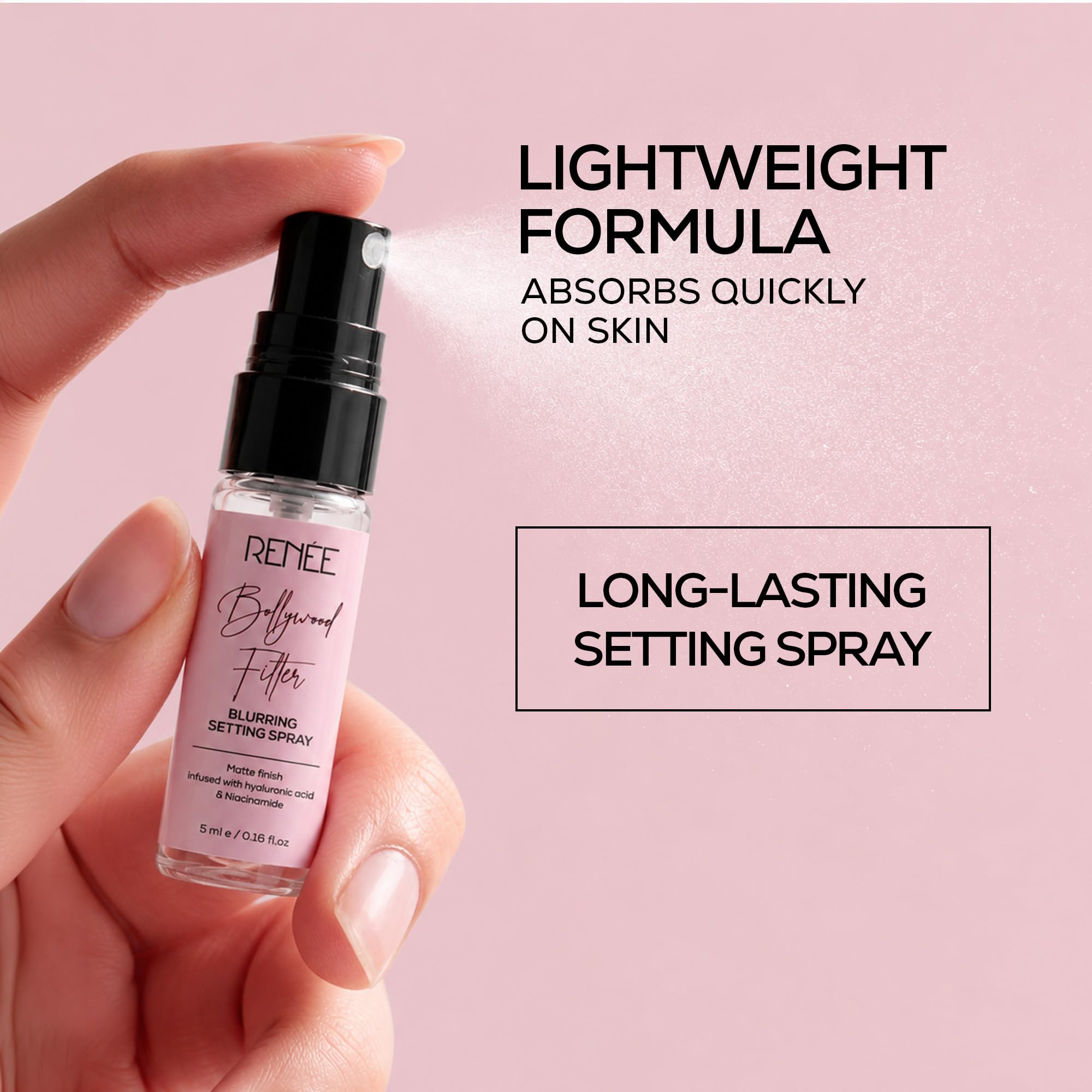 RENEE Bollywood Filter Blurring Setting Spray for Face Makeup, Matte Finish & Pore Blur Effect with Niacinamide & Hyaluronic Acid, Long Lasting Makeup Fixer & Shine Control, Fine Mist 5ml image 4