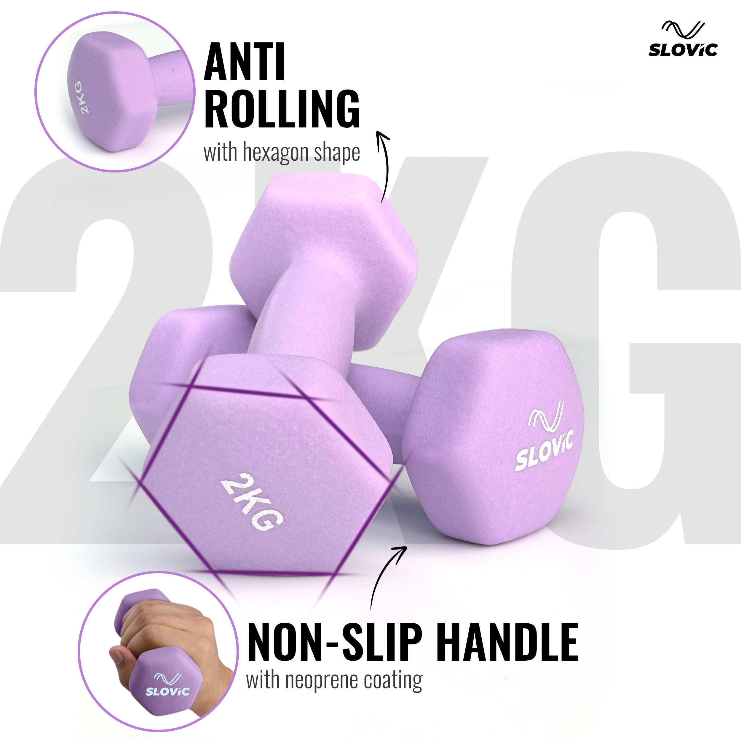 Slovic Dumbbell Set [2 Kg Each] | Neoprene Dumbbells Set for Home Gym | Gym Dumbbells Set for Home Workout | Gym Equipment for Home Workout | Anti-Skied Iron Dumbell | Dumbbells for Women [Purple] image 3