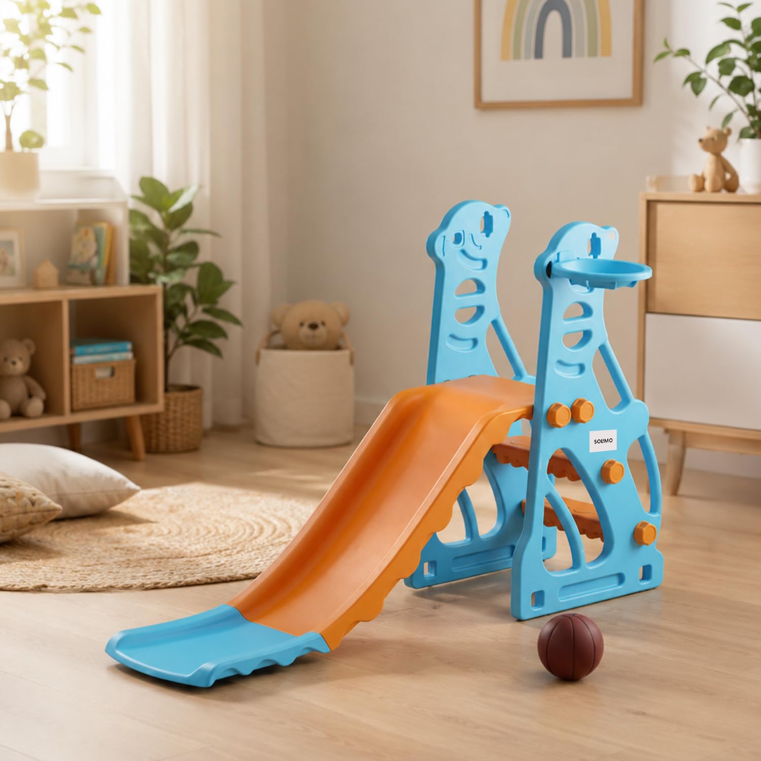 Amazon Brand – Solimo Penguin 2-in-1 Kids Slide with Basketball Hoop & Ball | Medium | Indoor & Outdoor | Safe for Boys & Girls | Age 2-3 Years | Easy Assembly | Multicolor