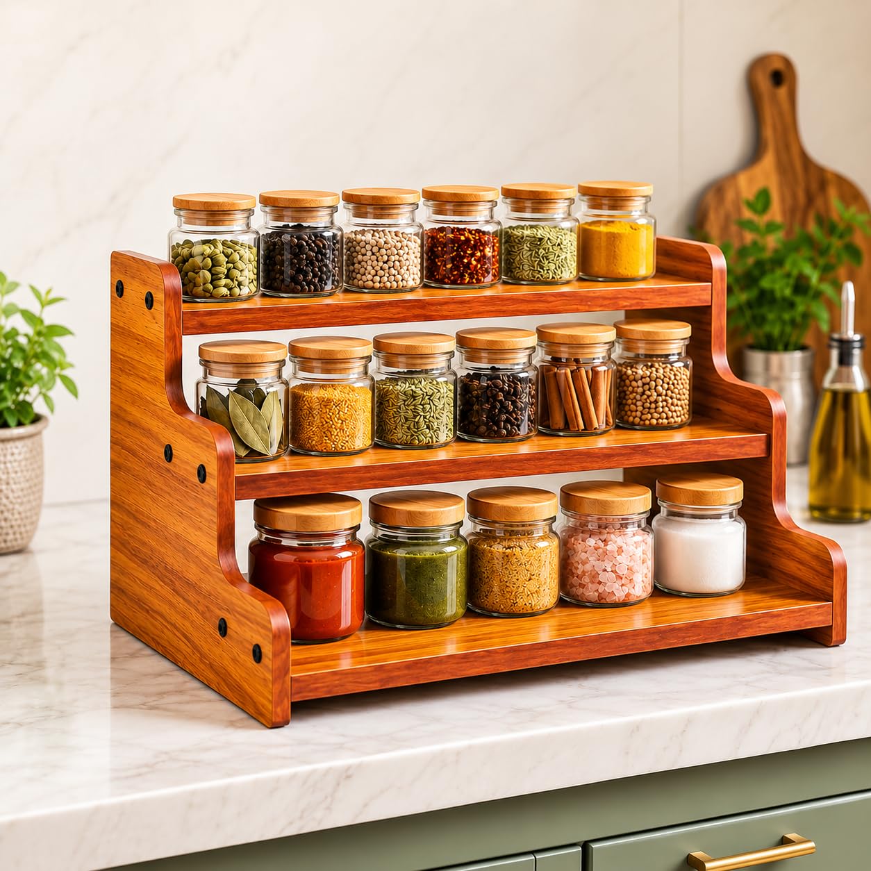 3 Tier Wooden Spice Rack for Kitchen Countertop, Masala Organizer Stand for Spices, Jars, Sauces & Bottles, Space Saving Storage Shelf, 14 x 9 x 6 Inches image 4