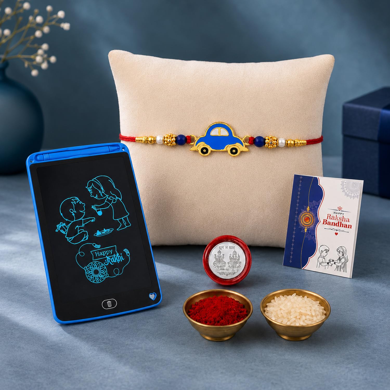 DeoDap Kids Cartoon Car Design Rakhi with 8.5 Inch LCD Writing Tablet for Brother, Pooja Coin, Roli Chawal & Greeting Card | Rakhi Gift Combo for Raksha Bandhan image 3