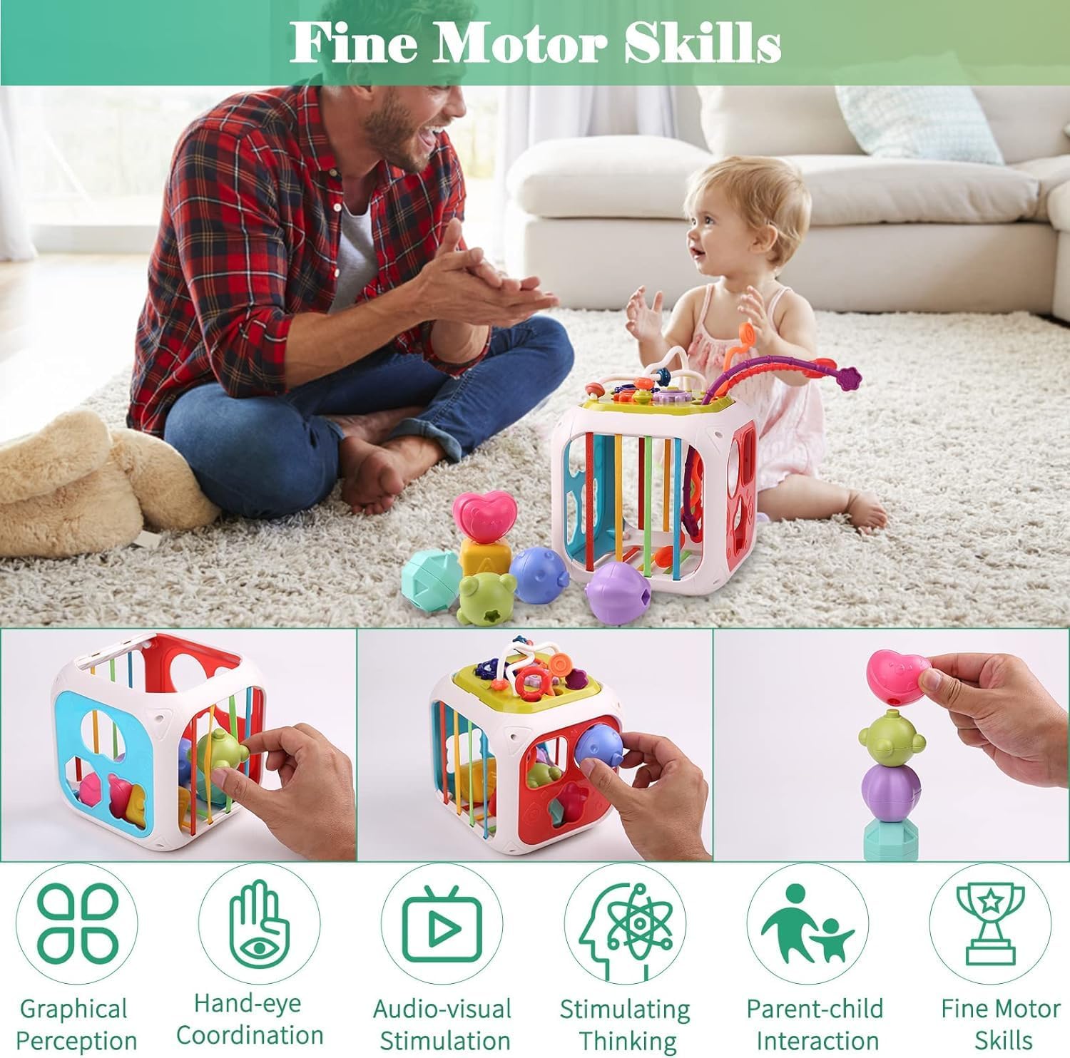 TEC TAVAKKAL Montessori 7 in 1 Baby Sensory Toy for Kids - Educational Learning Shape Sorter, Activity Stacking, Interactive Fine Motor Skill Development - Multicolor image 3