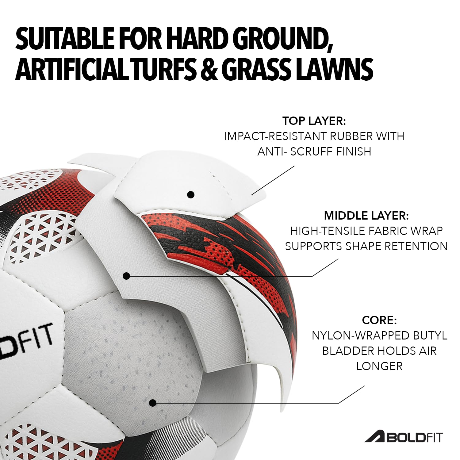 Boldfit Blaze Football Practise Foot Ball with Pump Training Football Size 5 Original for All Ages Group Rubber Moulded Standard Sports Foot Ball for Ground, Grass, Turf, Outdoor Waterproof - Red image 4