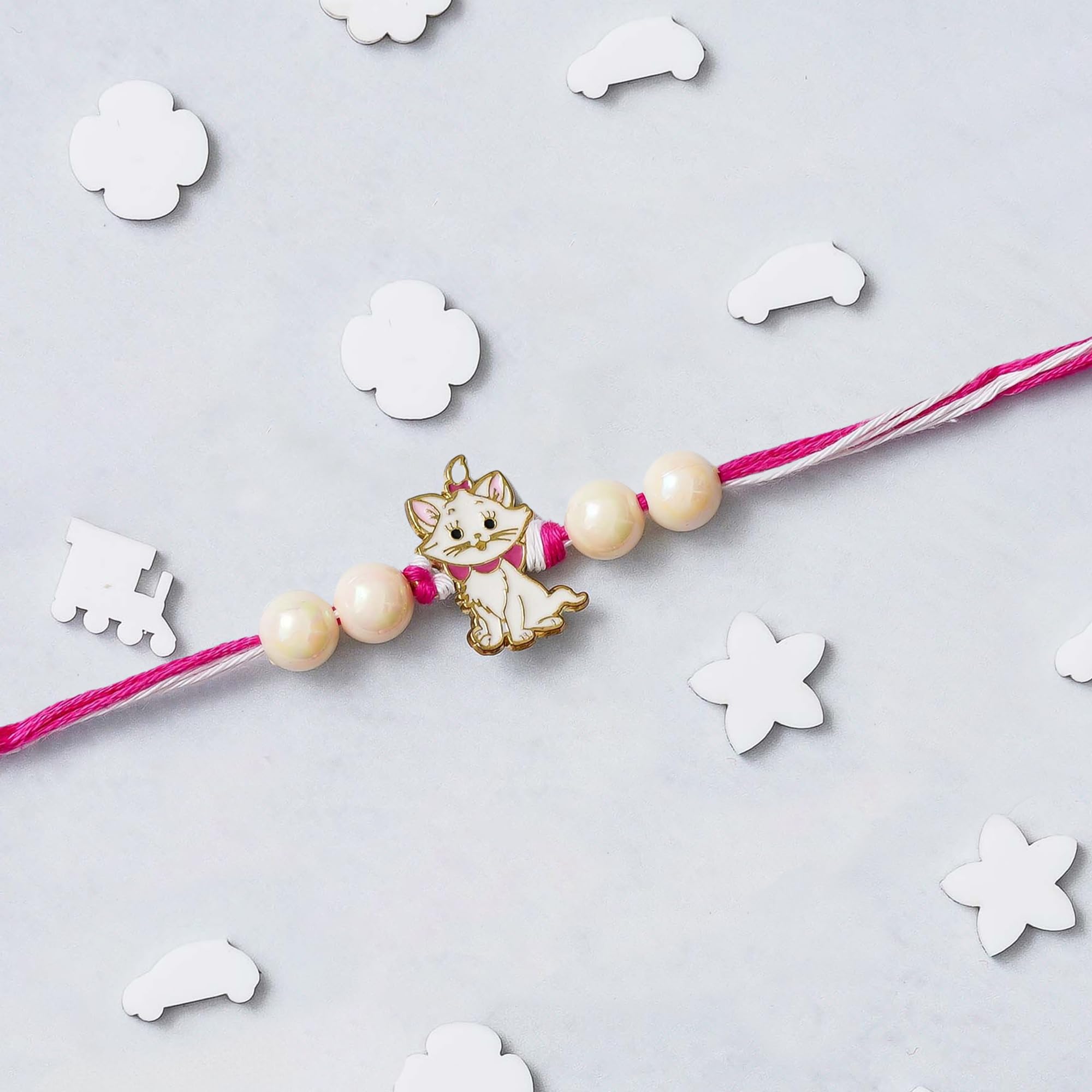 eCraftIndia Pink and White Marie Cute Cat with Beads Designer Pet Rakhi for Kids & Brother with Roli Chawal Pack | Cartoon Theme Raksha Bandhan Rakhi Gift Set image 2