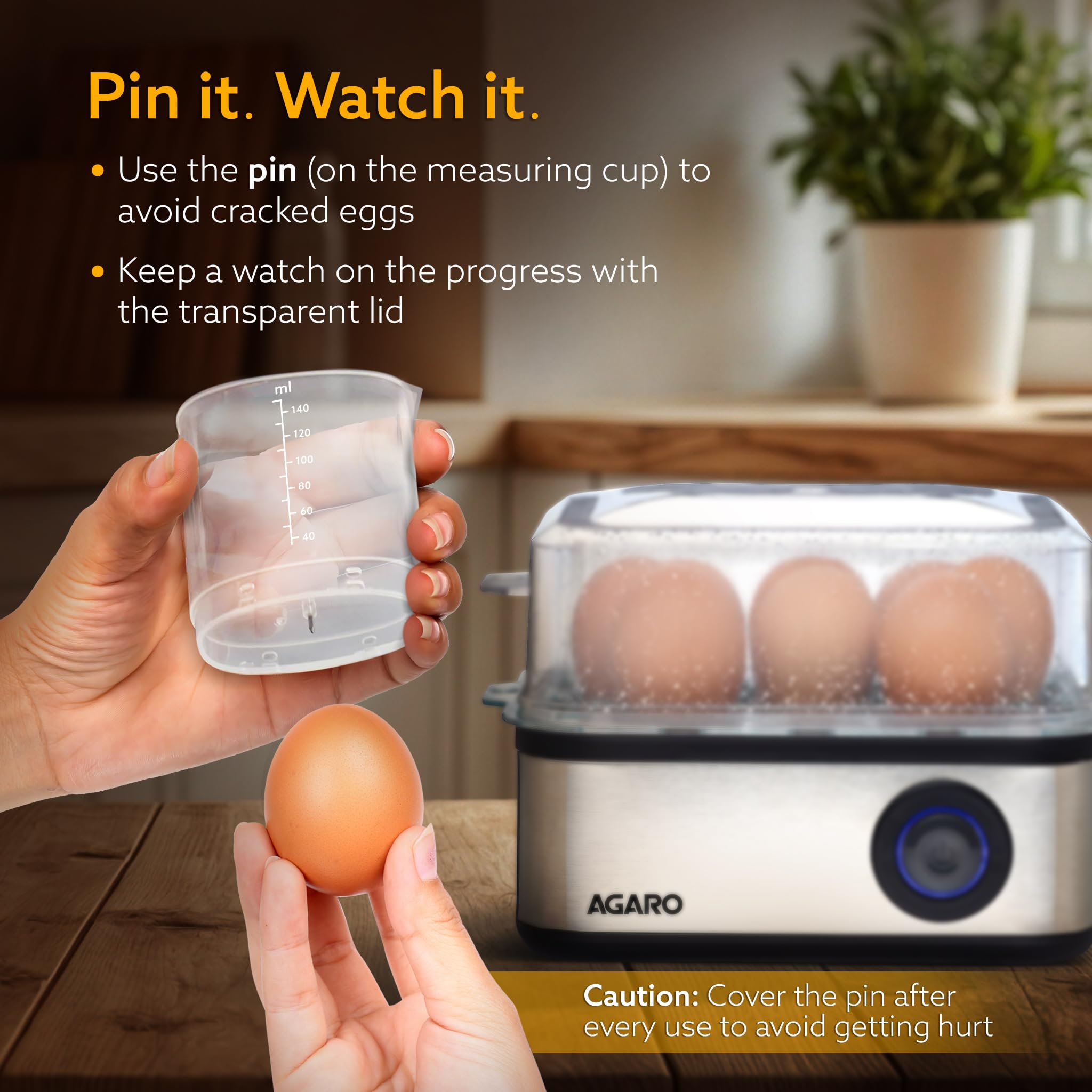 AGARO Grand Egg Boiler And Poacher, 2-in1 Boils 8 Eggs, Poach 4 Eggs, Steamed Vegetables, 3 Boiling Types, Stainless Steel Body, Transparent Lid, 500W, Silver image 5