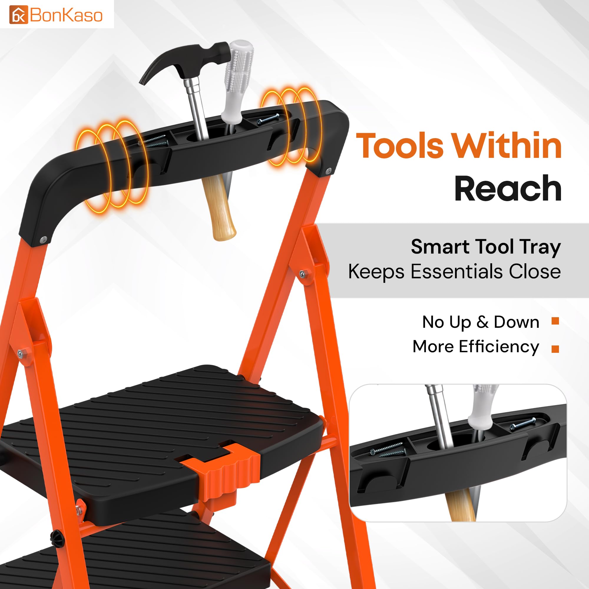 BonKaso Climb Easy 7 Step Foldable Steel Kitchen Ladder for Indoor & Outdoor use with Safety Clutch Lock, Anti-Slip Wide Durable Plastic Steps, Support Handle & Tool Tray (Orange & Black) image 4