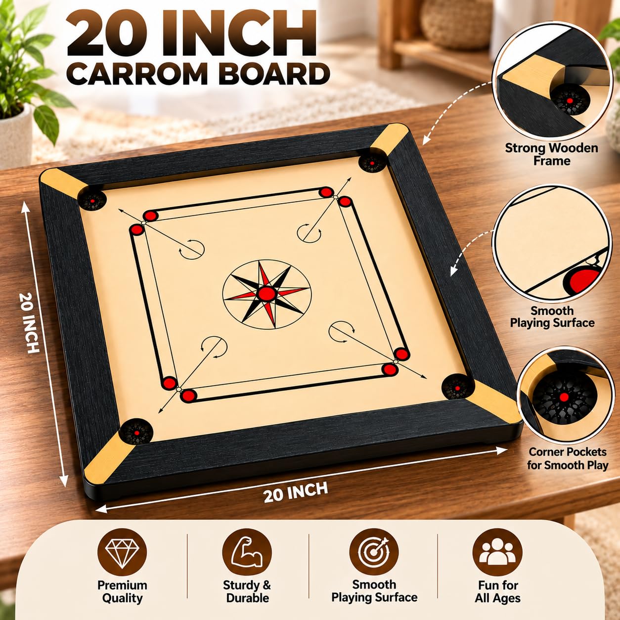 20 Inch Carrom Board for Kids & Adults | Wooden Carrom Game Board with Smooth Playing Surface | Compact Indoor Family Board Game for Home, Kids, Beginners & Leisure Play image 3