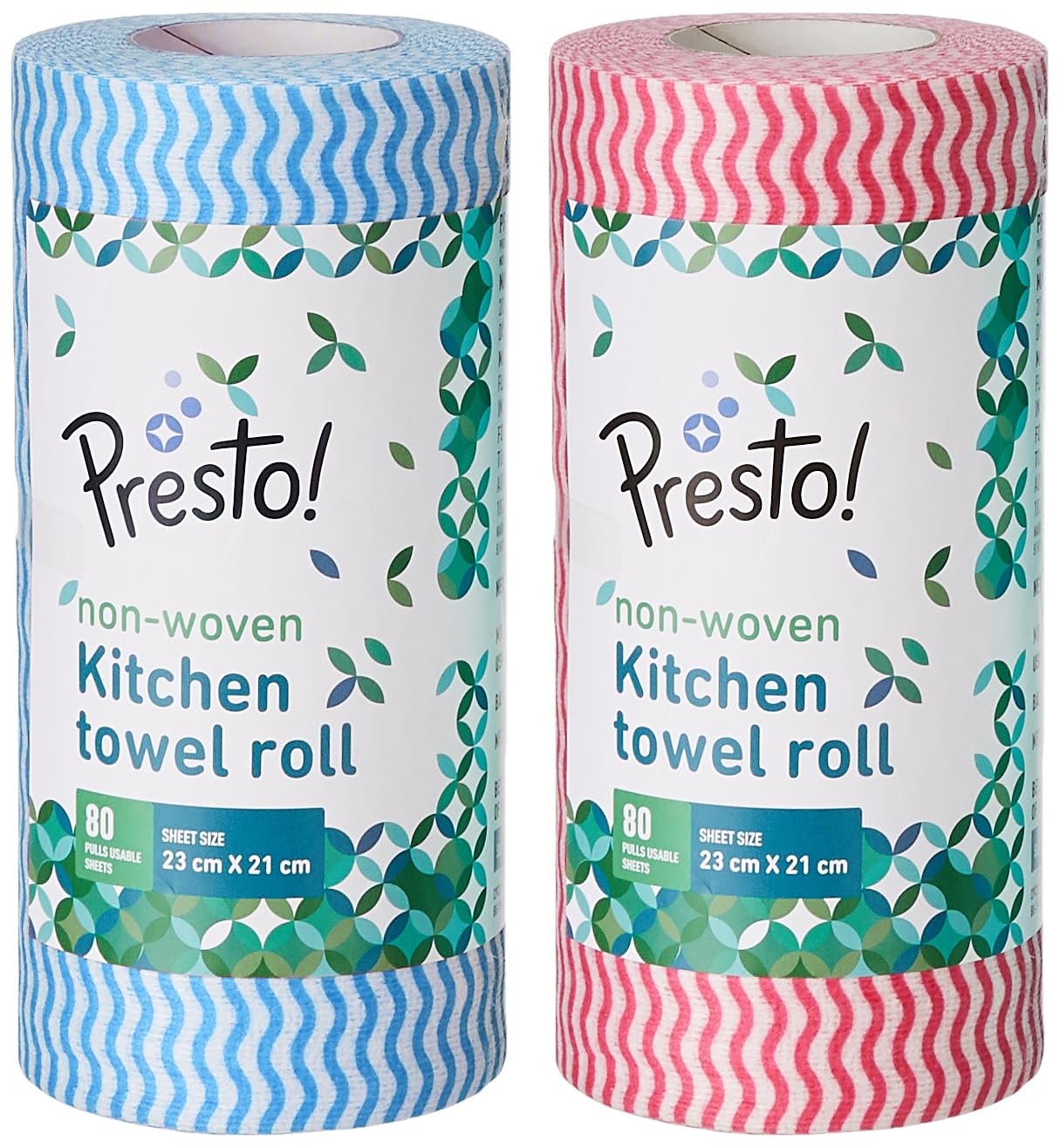 Amazon Brand - Presto! Non-Woven Kitchen Towel Roll | 80 Pulls (Pack of 2) | Size: 23 x 21 cm | Wavy Pattern (Red & Blue) | Washable and Reusable | Highly Absorbent | For Daily Use
