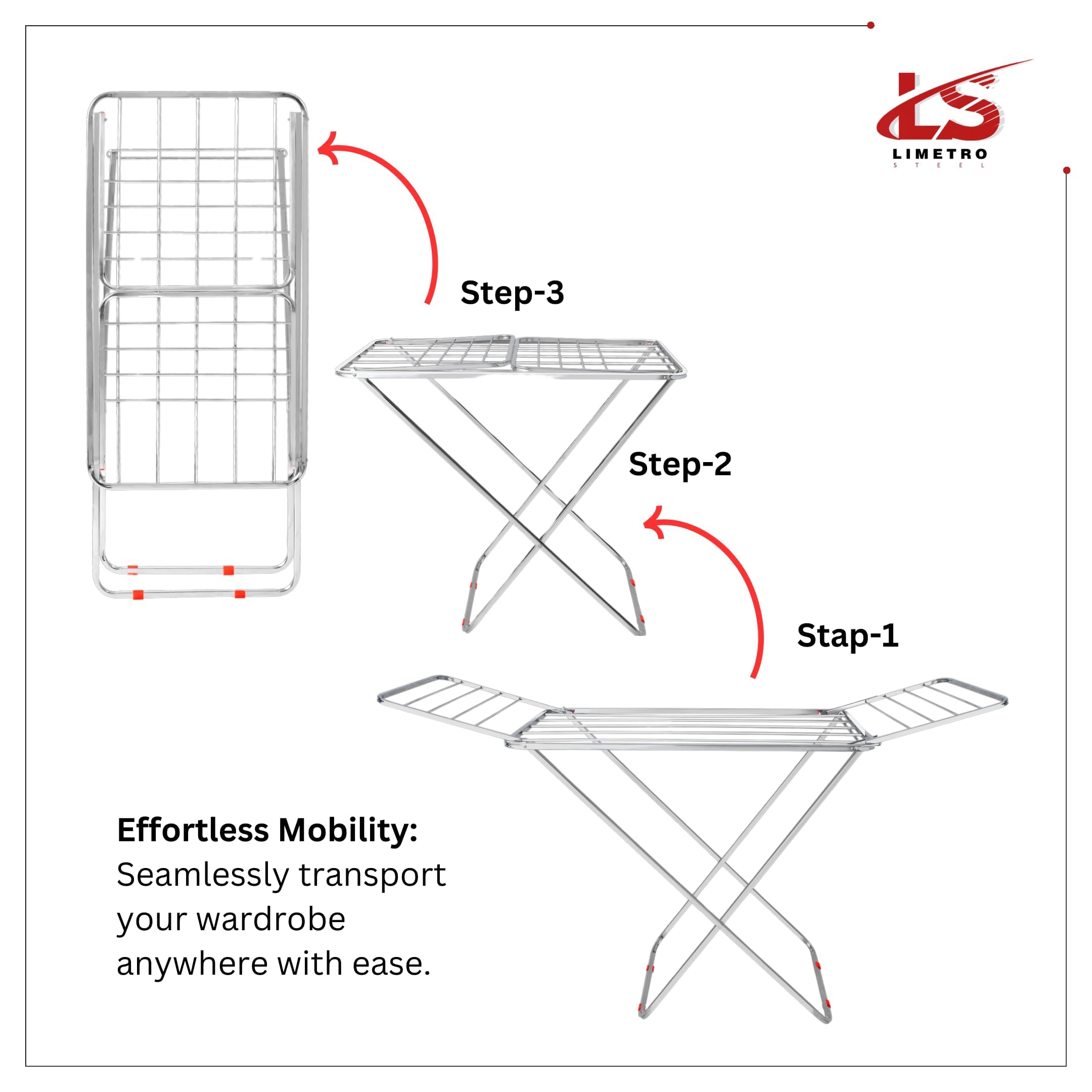 LiMETRO STEEL Stainless Steel Foldable Cloth Dryer Stand Double Rack Cloth Stands for Drying Clothes Steel (Cross), 120x54x4 cm image 3
