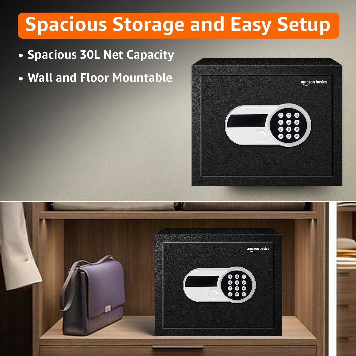 Amazon Basics 30 Litres Digital Safes for Hotel & Office - Digital Lock 3-in-1 unlocking |locker safe with Motorized Door Locking Mechanism | Size : 32 H x 40 W x 32 D(cm) | Black | Weight: 13 Kgs image 4