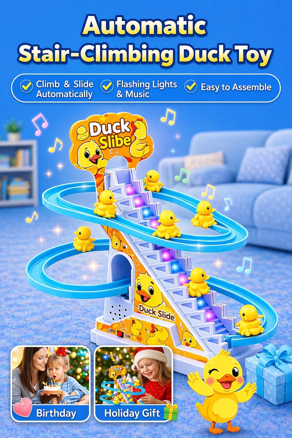 TEC TAVAKKAL Duck Slide Toy Set, Funny Automatic Stair-Climbing Ducklings Cartoon Race Track Set Duck Roller Coaster Escalator Toy with Flashing Lights & Music (Duck Slide Track Set) image 5