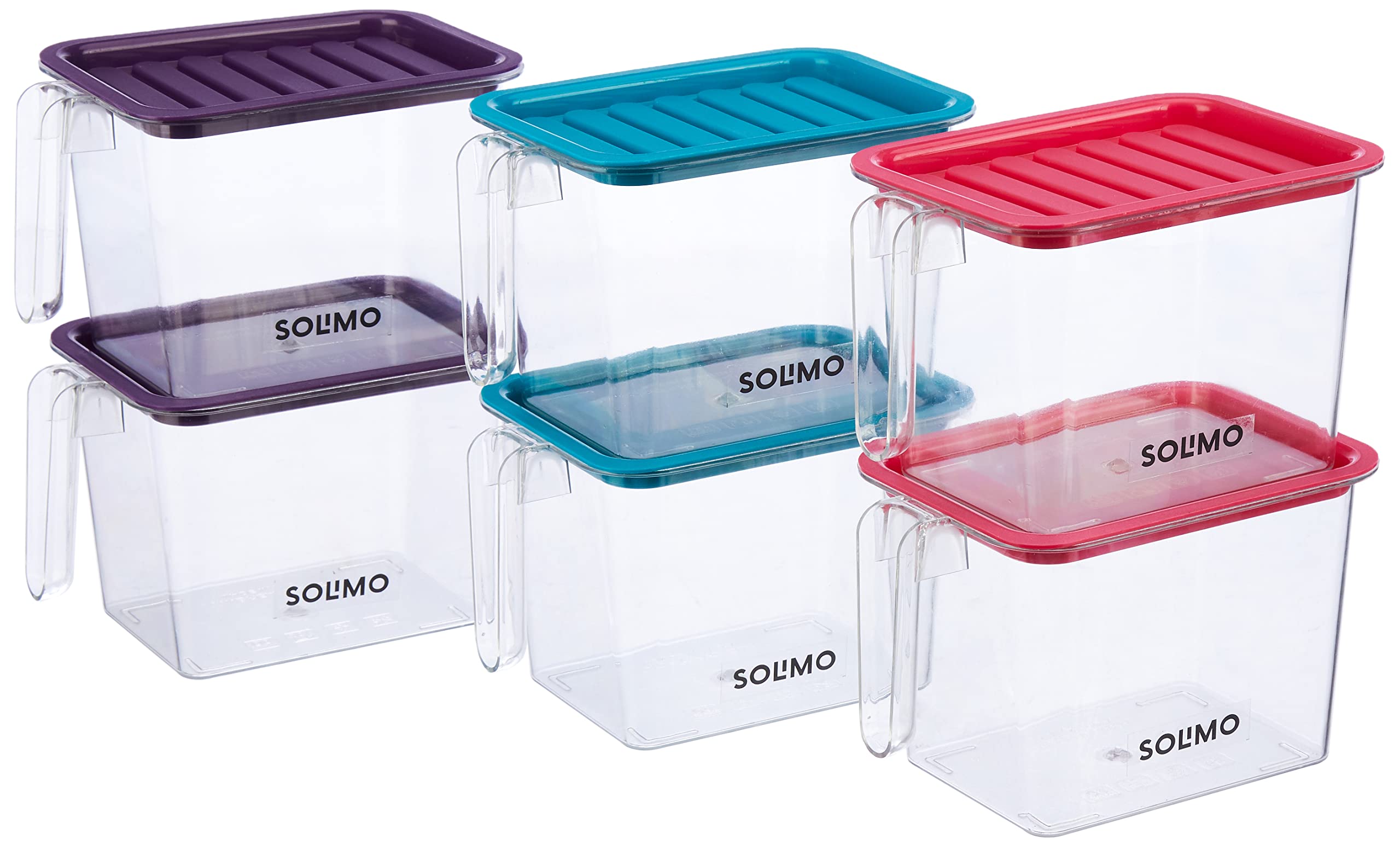 Amazon Brand - Solimo Plastic Multi-Purpose Fridge Storage Container with Handle & Lid I Fruit & Vegetable Basket I BPA Free I Food Grade| 1100 Ml Set of 6| Multicolor