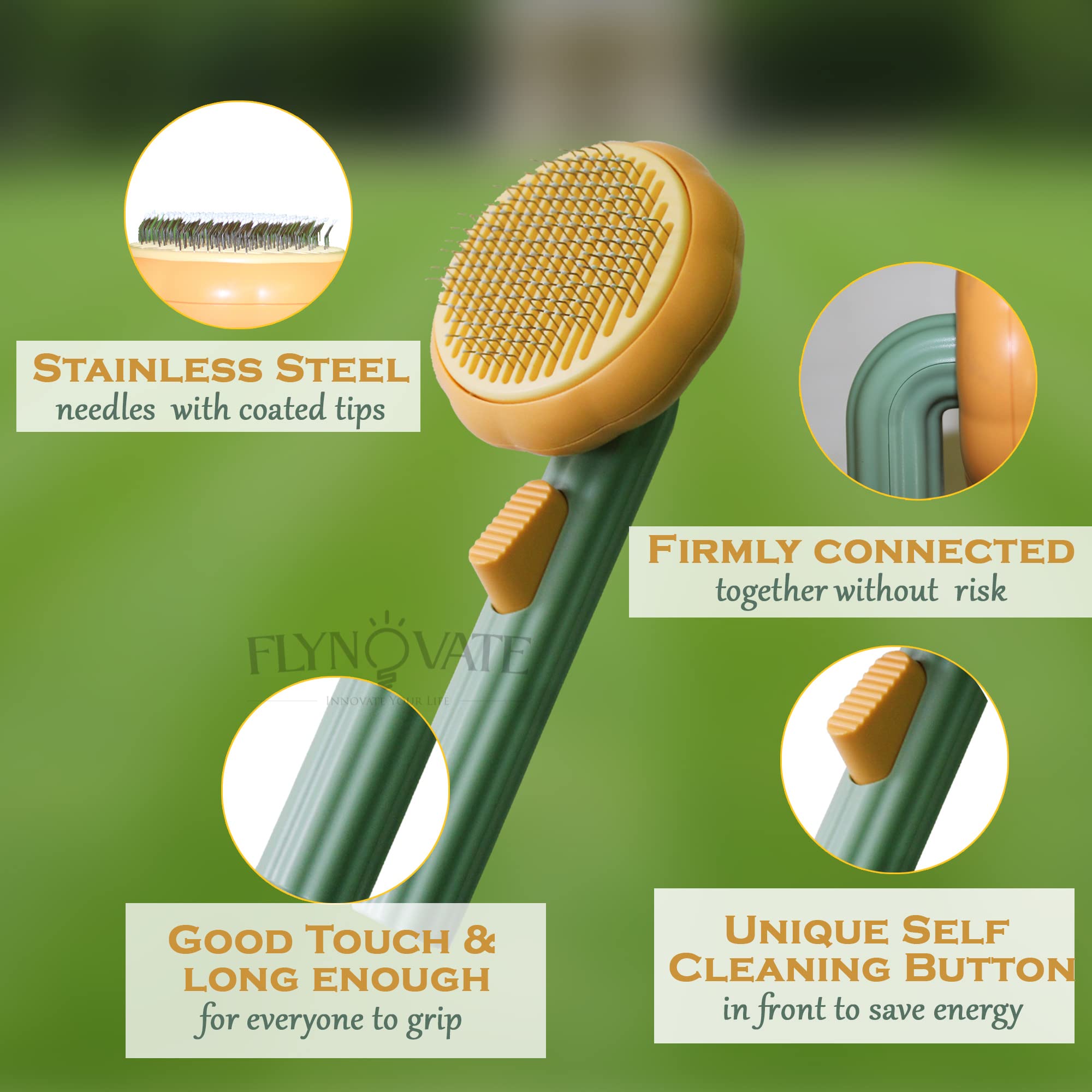 Flynovate Self Cleaning Dog Comb & Cat Comb - Pet Hair Remover Grooming Comb with Switch & PAIN - FREE Slickers | Deshedding Dog Brush & Cat Brush To Gently Massage The Pets with FREE Bath Brush image 4