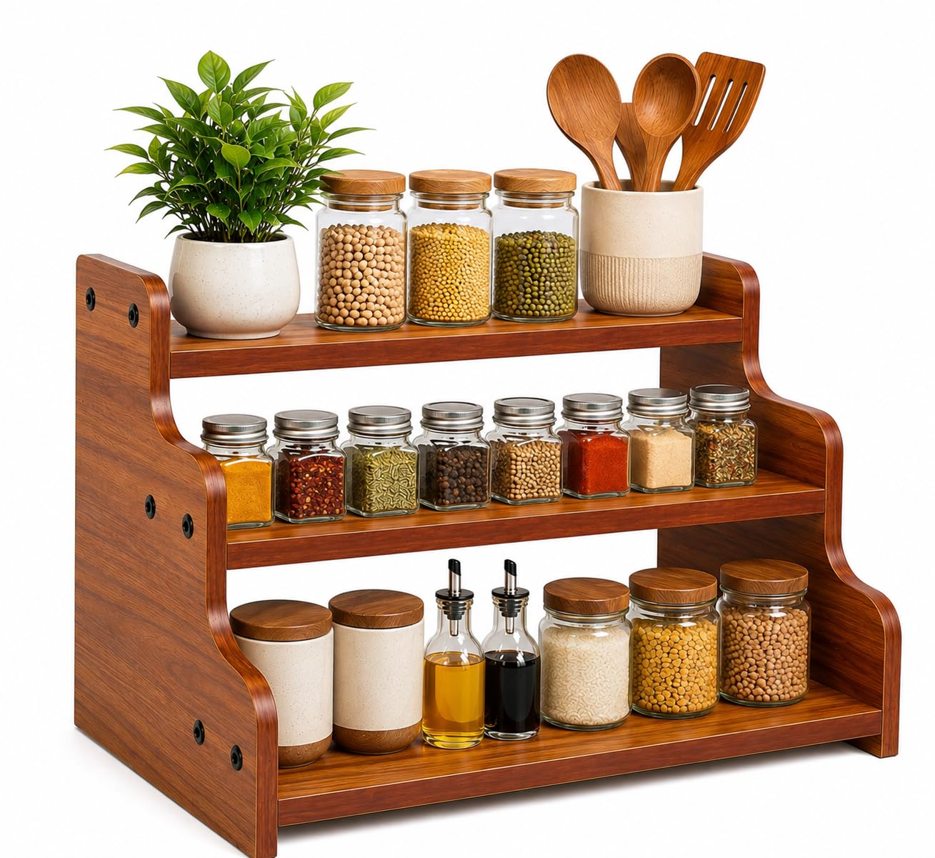 3 Tier Wooden Spice Rack for Kitchen Countertop, Masala Organizer Stand for Spices, Jars, Sauces & Bottles, Space Saving Storage Shelf, 14 x 9 x 6 Inches