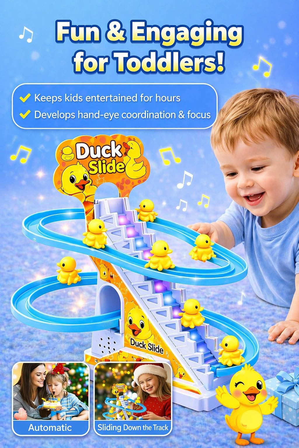 TEC TAVAKKAL Duck Slide Toy Set, Funny Automatic Stair-Climbing Ducklings Cartoon Race Track Set Duck Roller Coaster Escalator Toy with Flashing Lights & Music (Duck Slide Track Set) image 3
