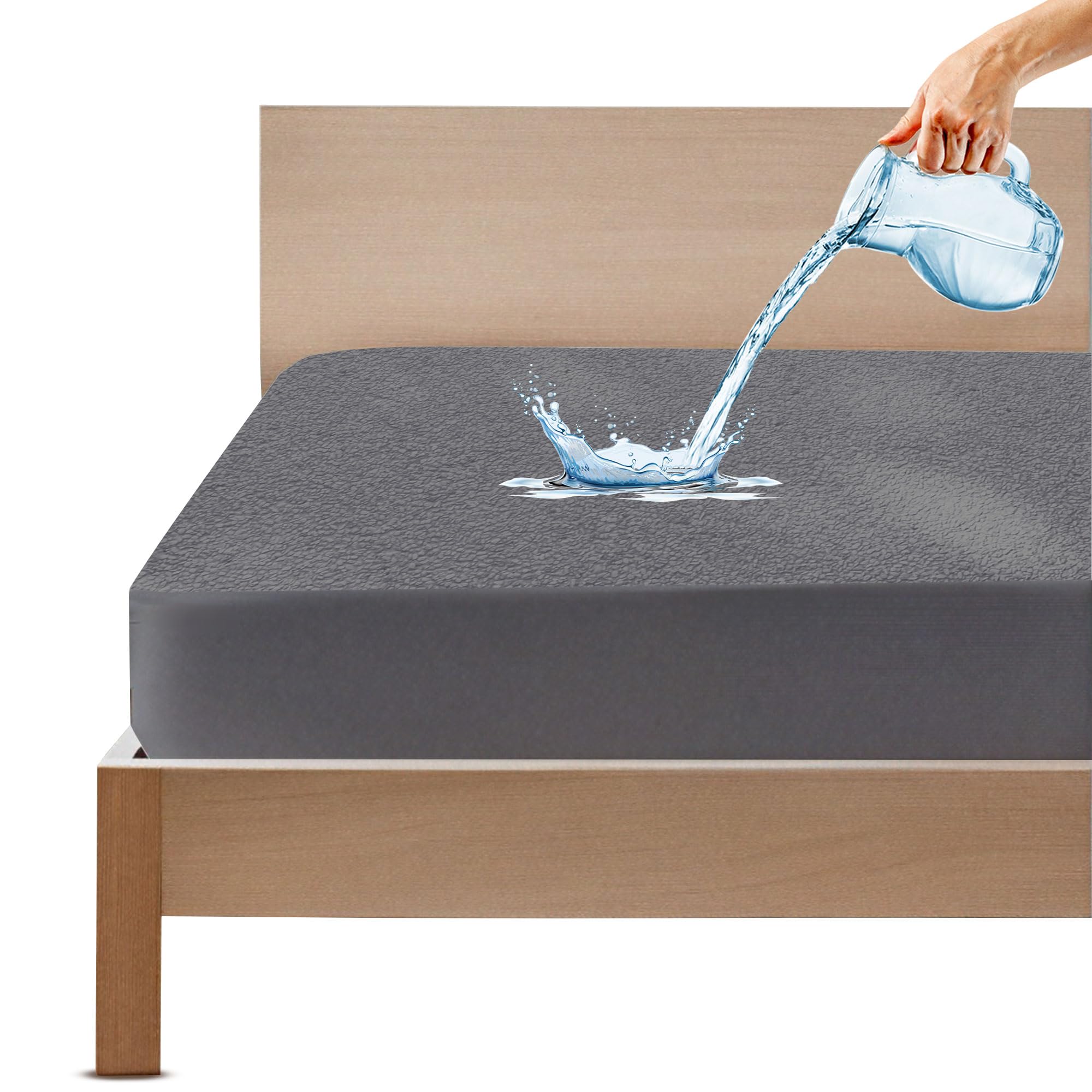 GADDA CO 100% Waterproof Premium Cotton Feel Mattress Protector King Size 78x72 Inch|Ultra Soft Breathable & Fitted Bed Protector Terry Cover Double Bed (6.5x6 feet, Fits 10 Inches, Grey)