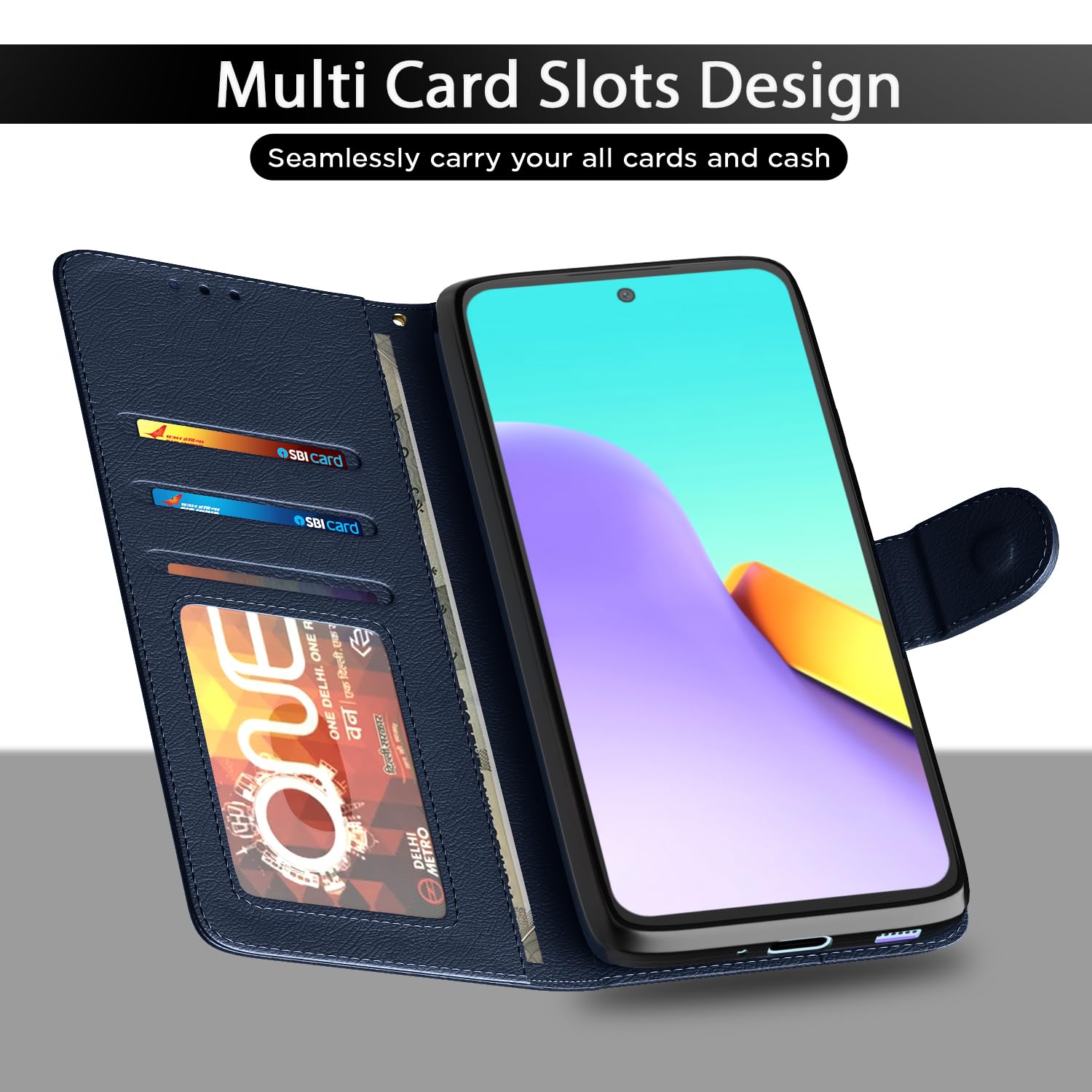Pikkme Flip Cover Leather Finish | Inside TPU with Card Pockets | Wallet Stand and Shock Proof | Complete Protection Flip Case for Redmi 12 5G / Poco M6 Pro 5G(Blue) image 5