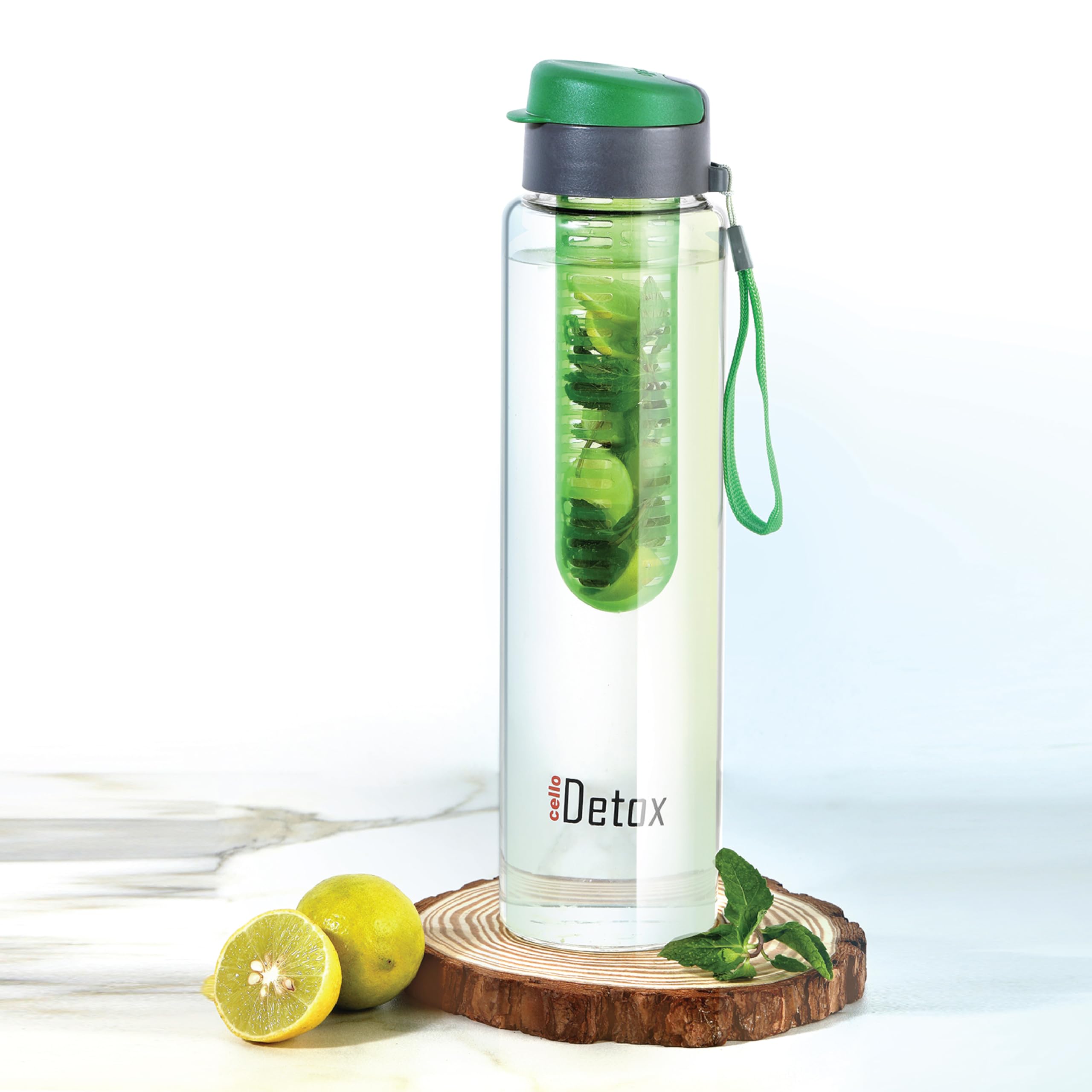 CELLO Fruit Infuser Glass Water Bottle for Office & Daily Use 750 ml Green | Durable & Stylish, Freezable & Fridge Safe, Leakproof Wide Mouth Leadfree Toughened Glass Water Bottle For Kitchen & Travel