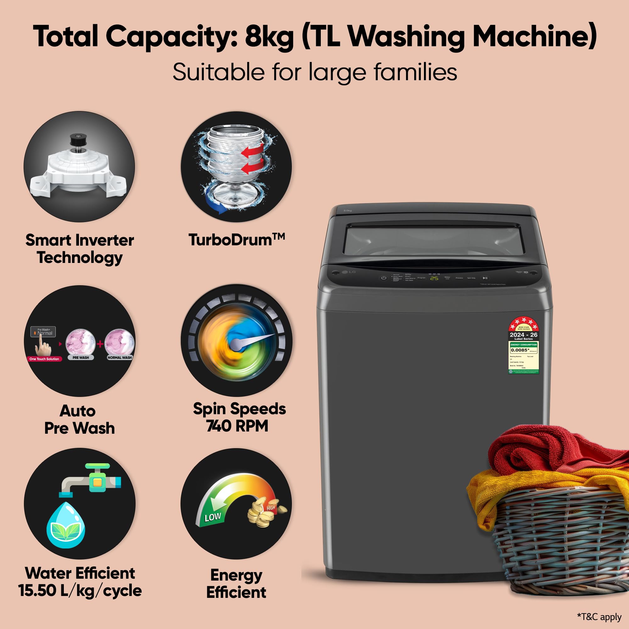 LG 8 Kg 5 Star Smart Inverter Technology Fully Automatic Top Load Washing Machine (T80VBMB4Z, Turbodrum, Auto Prewash, Stainless Steel drum, LED Display, Smart Diagnosis, Middle Black) image 3