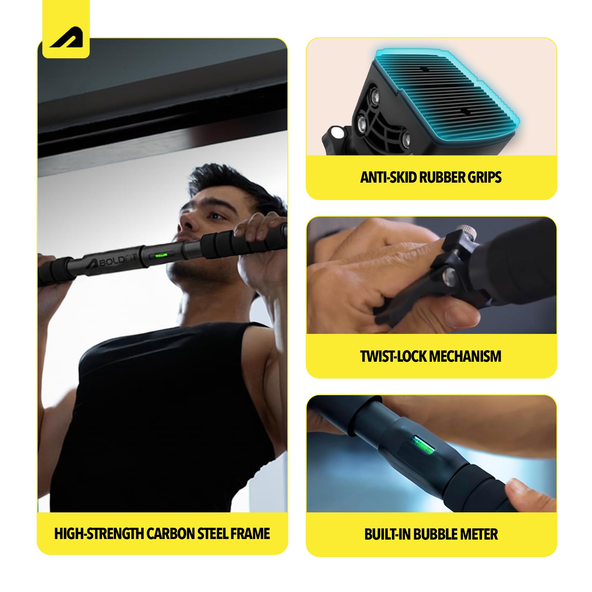 Boldfit Pull Up Bar Door for Home Workout (200Kg) - Gym Equipment for Home Workout | Adjustable Door Way Chin Up Bar for Home Workout for Kids & Adults | PullUp Bar for Men & Women | Anti-Skid Grip (72-104 CM) image 3