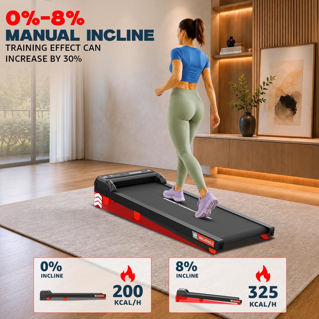 PowerMax Fitness WalkPad-2 Under Desk Walking Pad Treadmill for Home Use|3.0 HP Motor|Compact Design with Manual Incline|Shock Absorption System|110 kg Capacity|LED Display|Remote Control (Red Black) image 5