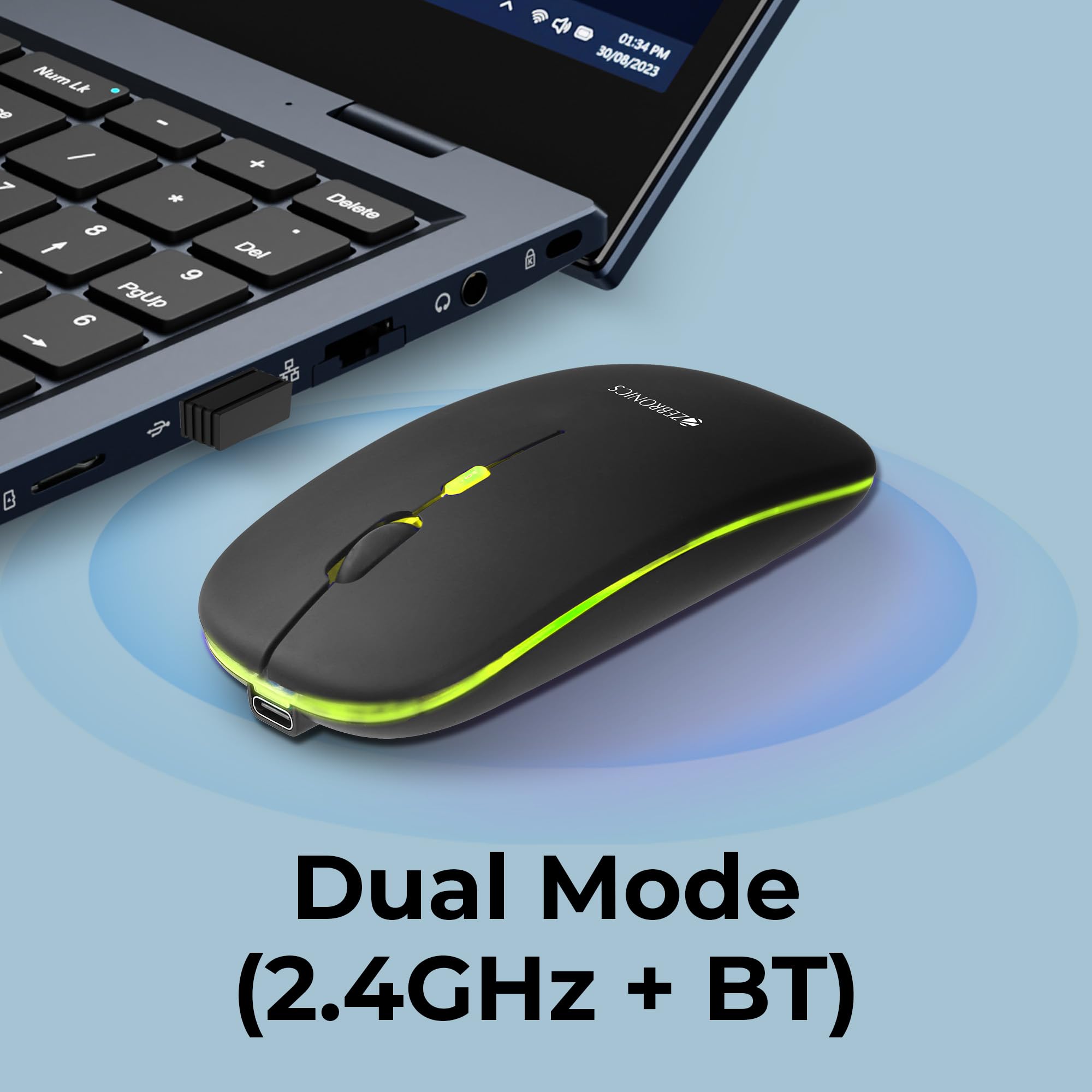 ZEBRONICS Blanc Slim Wireless Mouse with Rechargeable Battery, BT + 2.4GHz, 4 Buttons, 800/1200/1600 DPI, Silent Operation, Multicolor LED Lights image 2