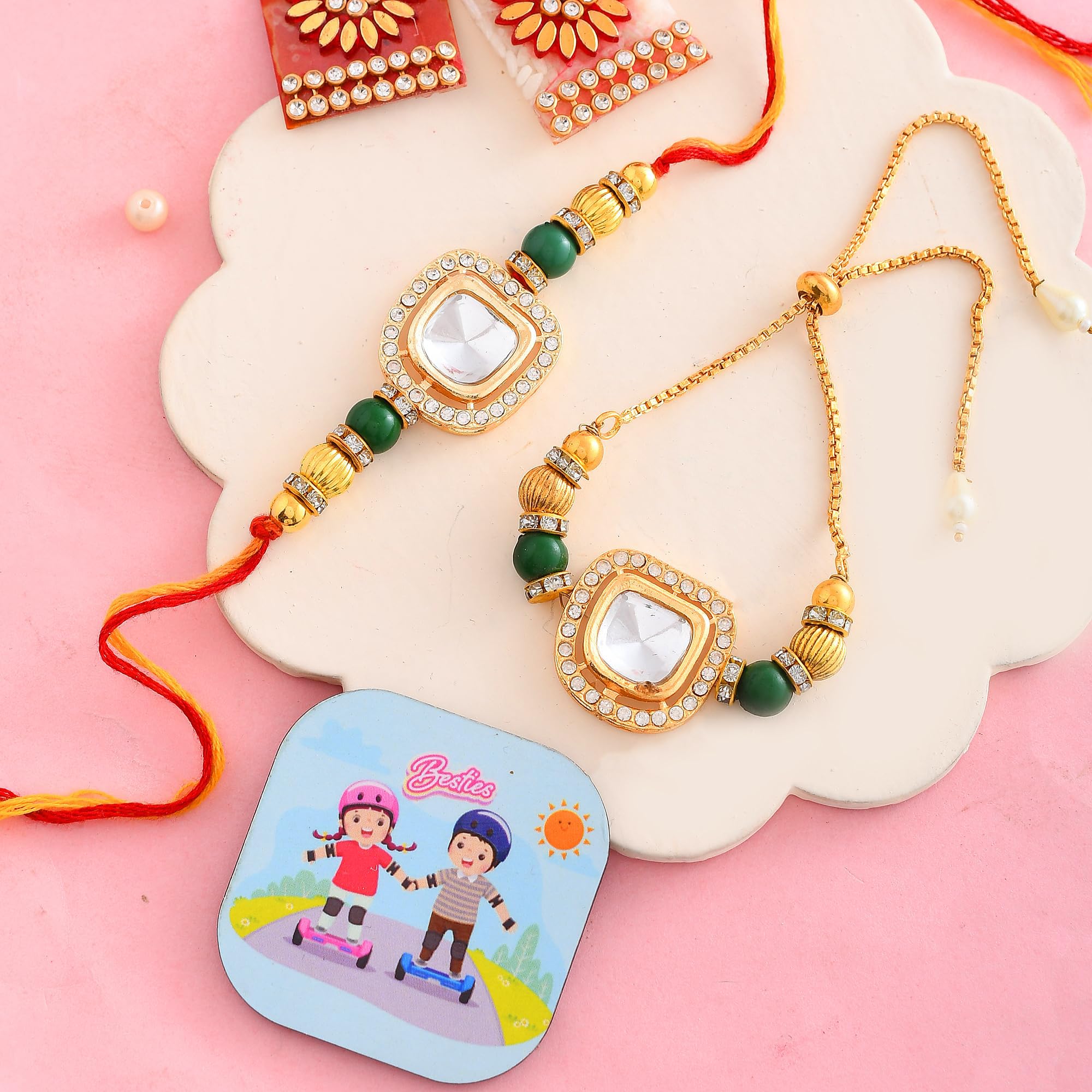 CraftVatika Designer Rakhi Set for Brother and Bhabhi, Rakhi with Magnet Gift, Couple Pair Rakhi for Bhaiya Bhai Bhabhi, Rakhi for Men Women, Fridge Magent for Door Decor image 4