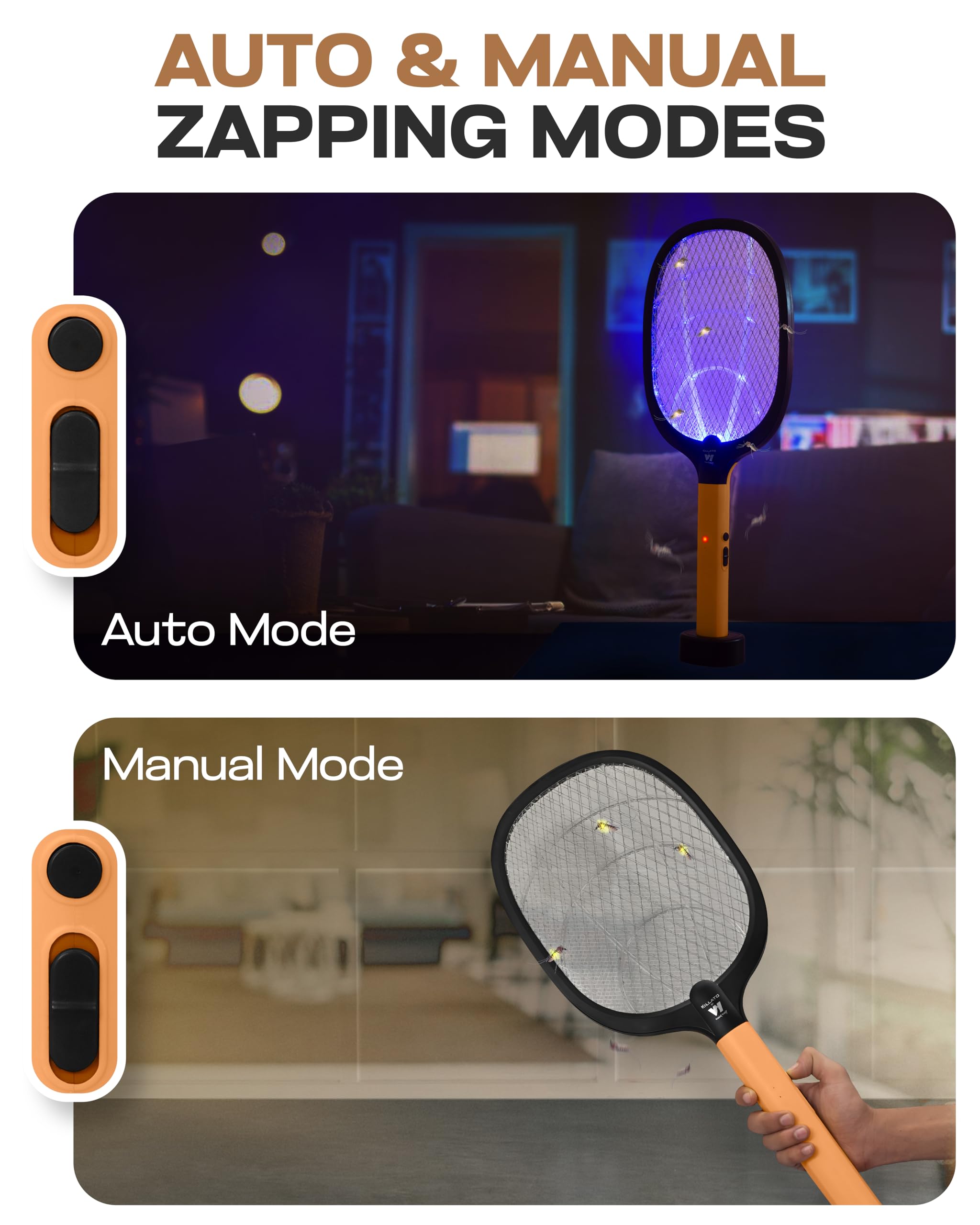 Weird Wolf 2 in 1 Rechargeable Mosquito Killer Racket with UV Light & Base Stand | Electric Fly Swatter with Auto & Manual Mode | Type-C USB Charging | 1200 mAh Lithium Battery | 6 Month Warranty image 3