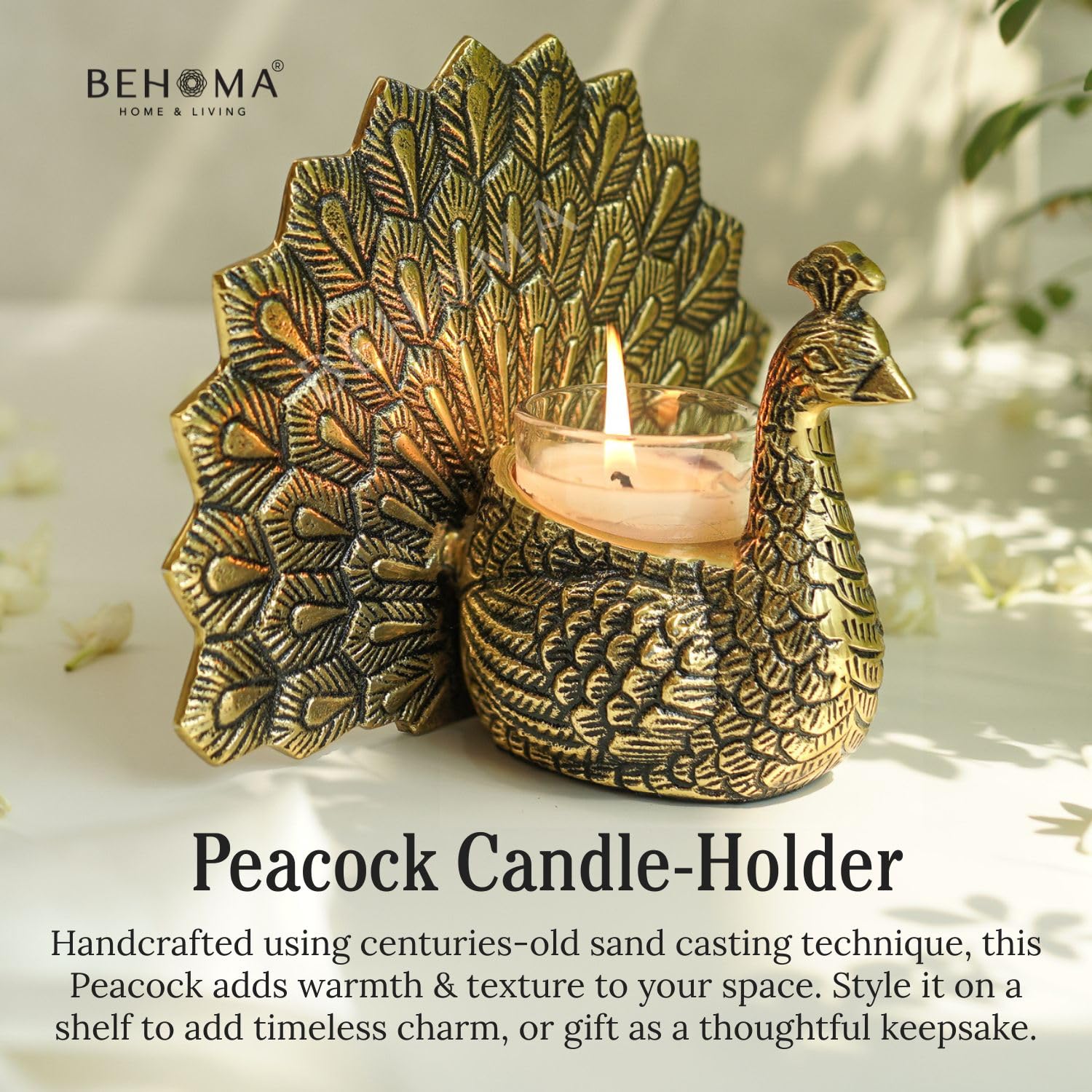 BEHOMA Metal Gold Dancing Peacock for Home Décor | Valentine’s Day, Birthday, Wedding Anniversary Romantic Gift for Women | Good Luck & Love Showpiece with Scented Glass Votive Candle (Golden,18.5cm) image 4