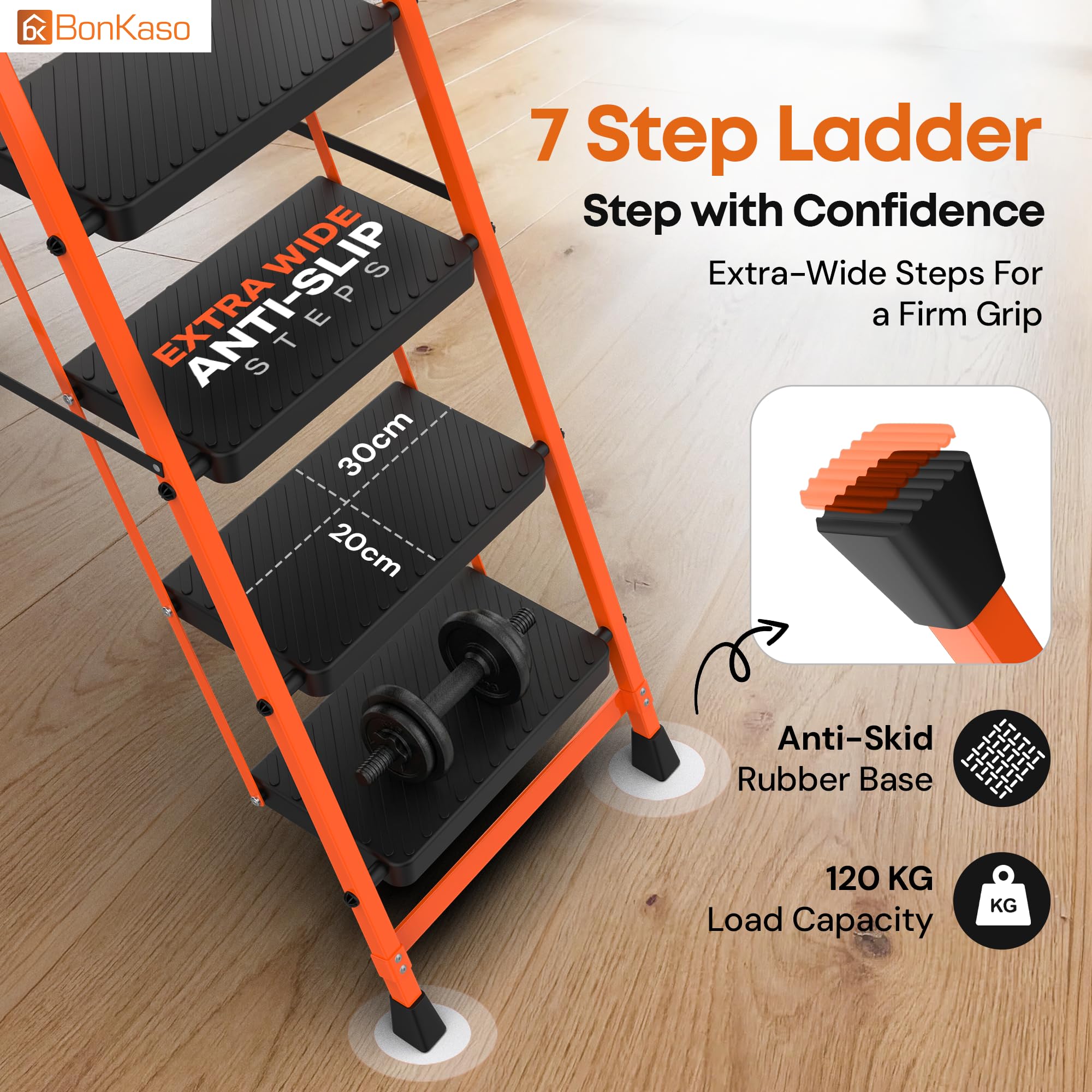 BonKaso Climb Easy 7 Step Foldable Steel Kitchen Ladder for Indoor & Outdoor use with Safety Clutch Lock, Anti-Slip Wide Durable Plastic Steps, Support Handle & Tool Tray (Orange & Black) image 2