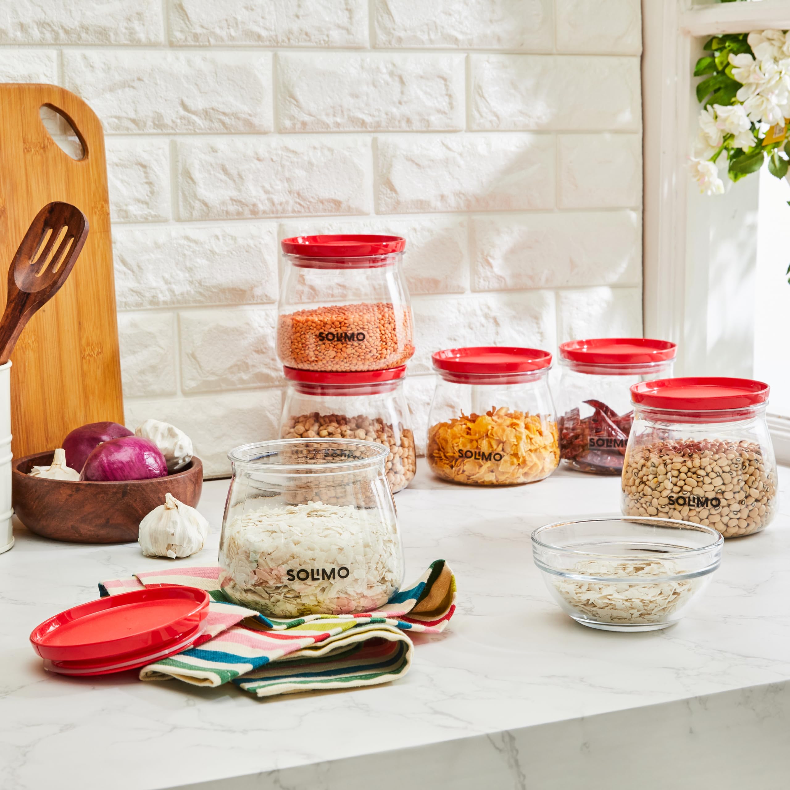 Amazon Brand - Solimo Plastic Storage Jar and Container Set I Air Tight & BPA Free Containers for Kitchen Storage Set I Grocery Kitchen Container Set I Multipurpose Jar, 800 Ml Each, Set 6, Red image 3