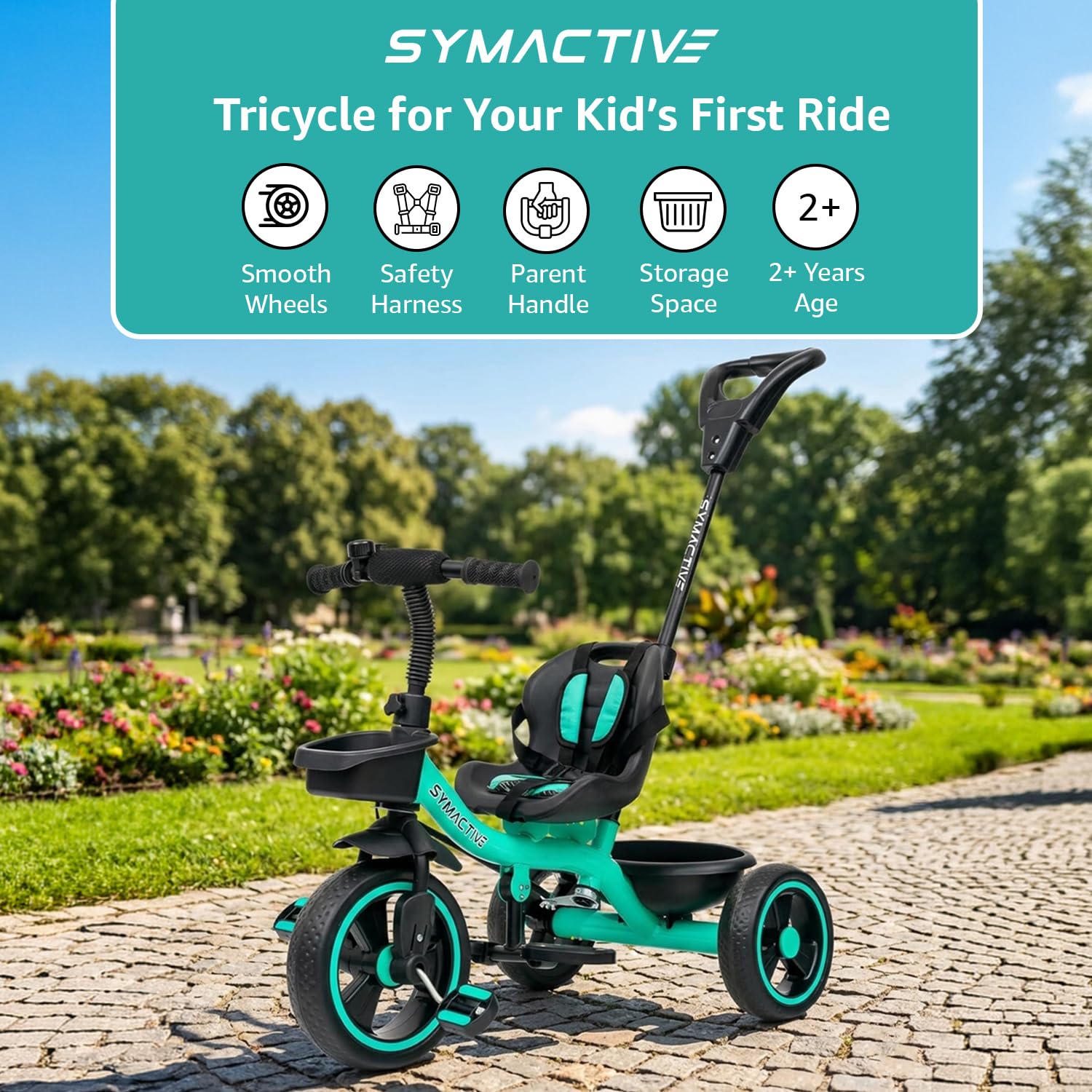 Amazon Brand - Symactive Tricycle for Kids | Plug N Play | Baby Cycle with Parental Control, Eva Wheels, Bell, Seat, Belt & Basket | Kids Tricycle | 2+ Years Unisex | Weight Limit 25 Kgs (Ice Blue) image 2