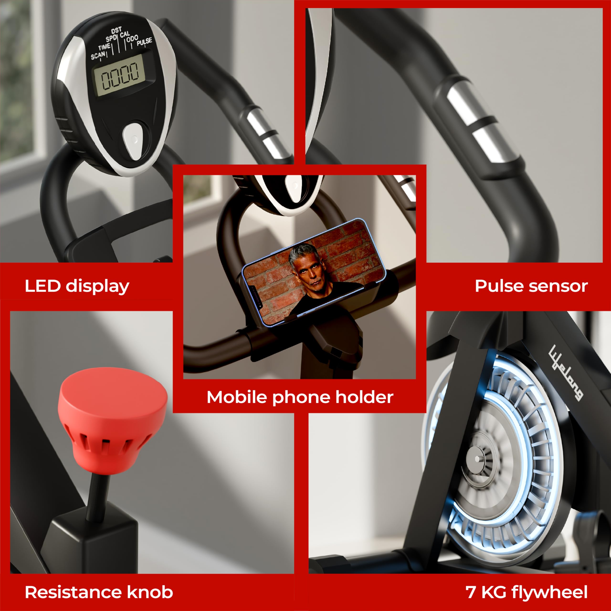 Lifelong Fit Pro Spin Fitness Bike for Home | Exercise Bike for Cardio Workout with 7 KG Flywheel, Adjustable Resistance & LED Display | Cushioned Adjustable Seat | Non-Slip Pedals | Max User Weight 120 KG image 4