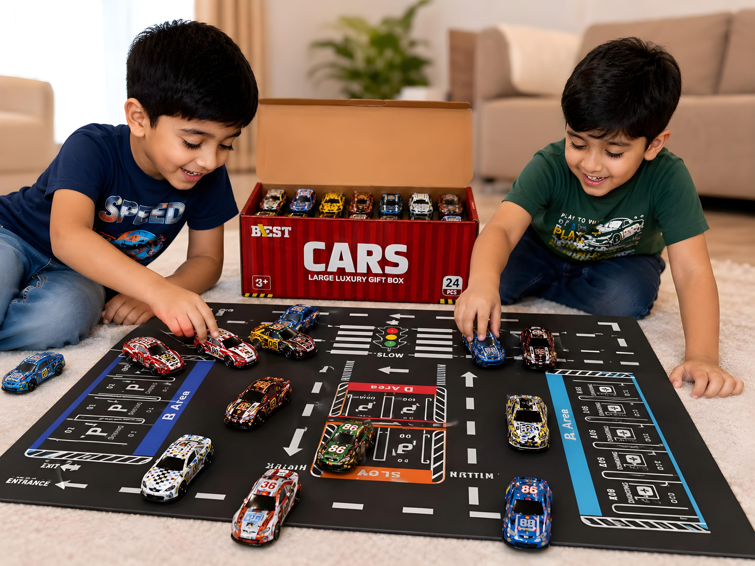Cable World 24 Pcs Die-Cast Metal Toy Cars for Kids with Car Storage Container & Thick Paper Parking Play Board, Pull Back Racing Cars, Large Luxury Gift Box, Toy Car Set for Kids image 5