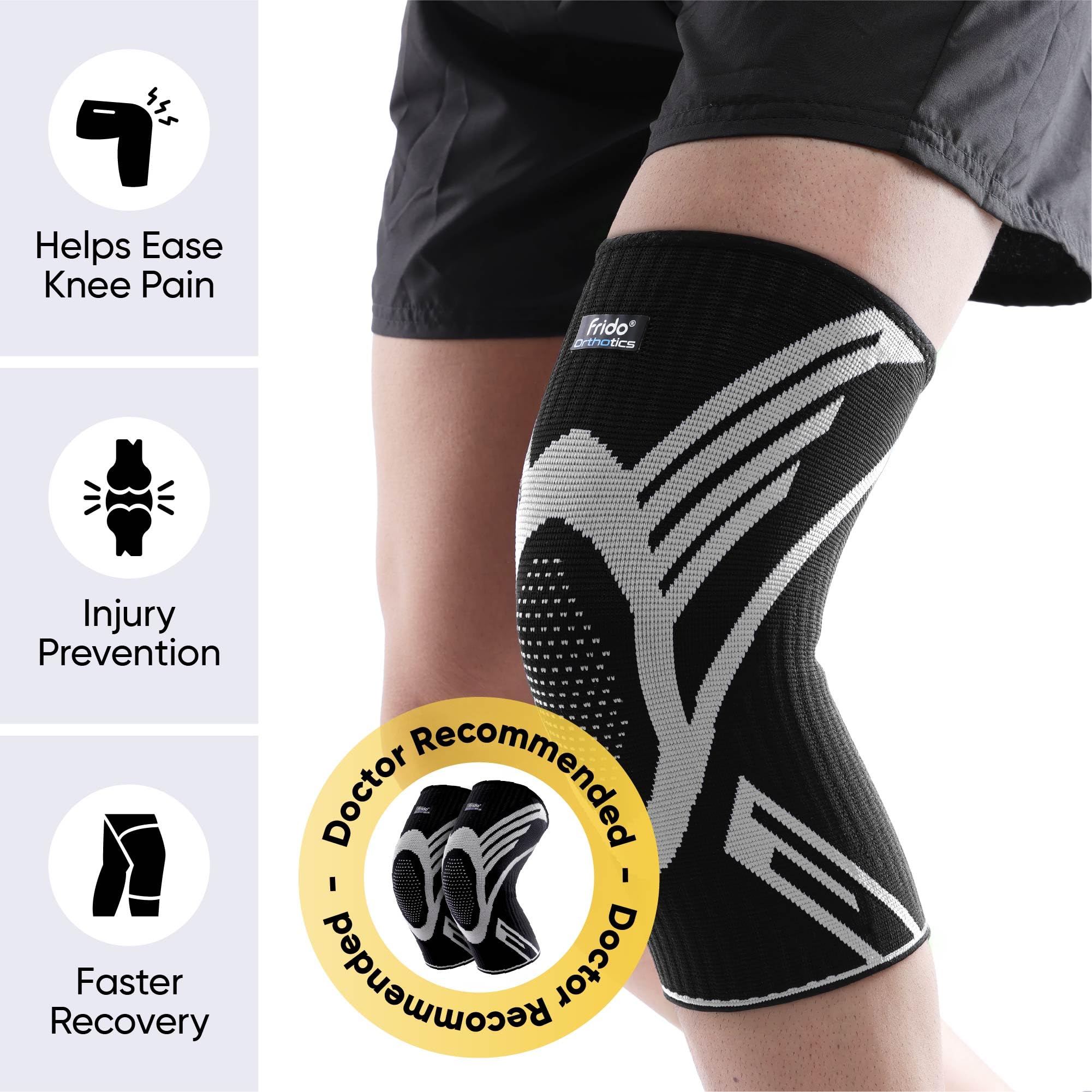 Frido Active Knee Cap Support for Men & Women | Active Compression for Pain Relief & Joint Support | Knee Sleeve for Gym, Running, Jogging, Sports & Workout | Anti-Sweat Knee Brace (1 Pair) Black, Medium image 3