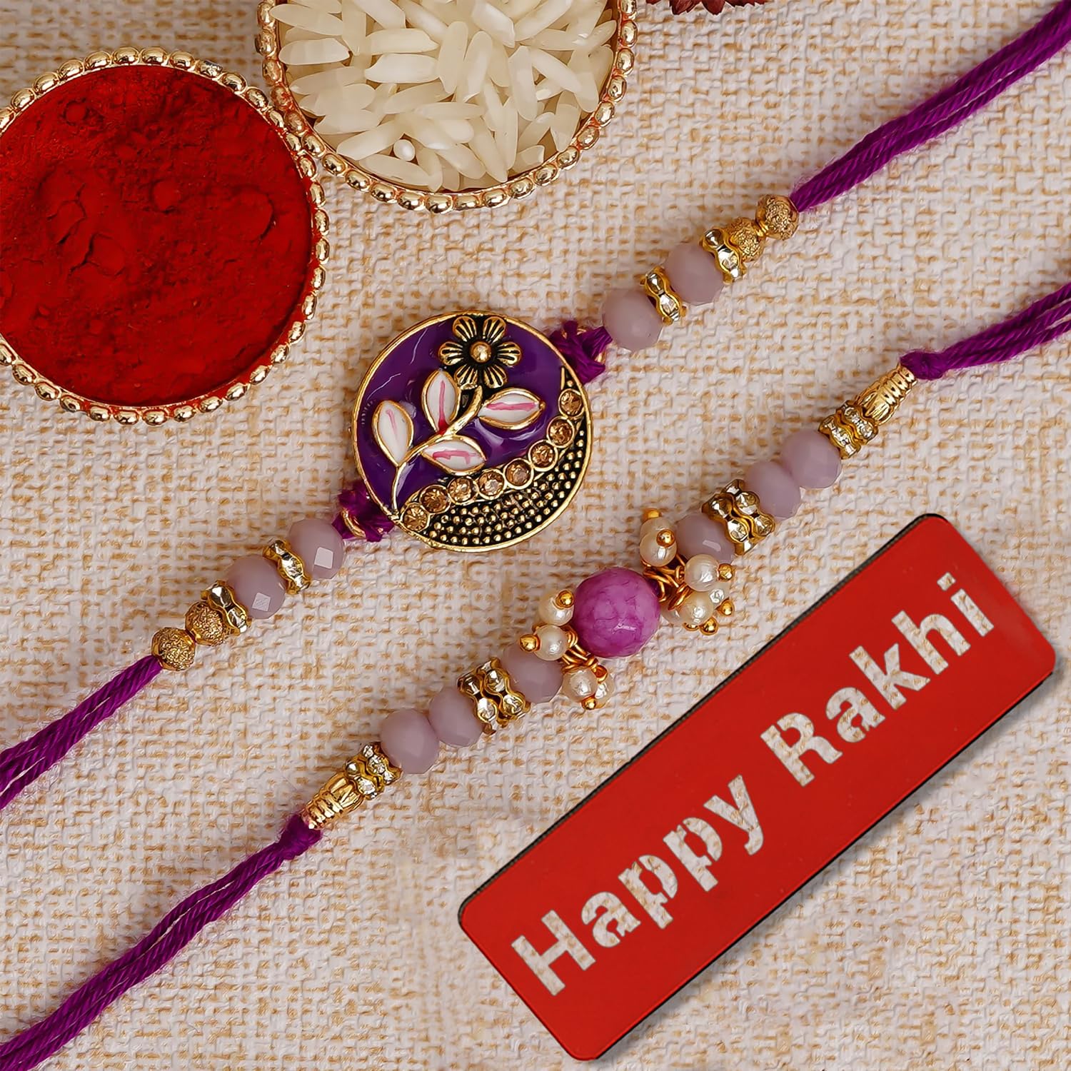eCraftIndia Set of 2 Purple Floral & Pearl Designer Rakhis with Roli Chawal Pack and Best Bro Ever Fridge Magnet image 2