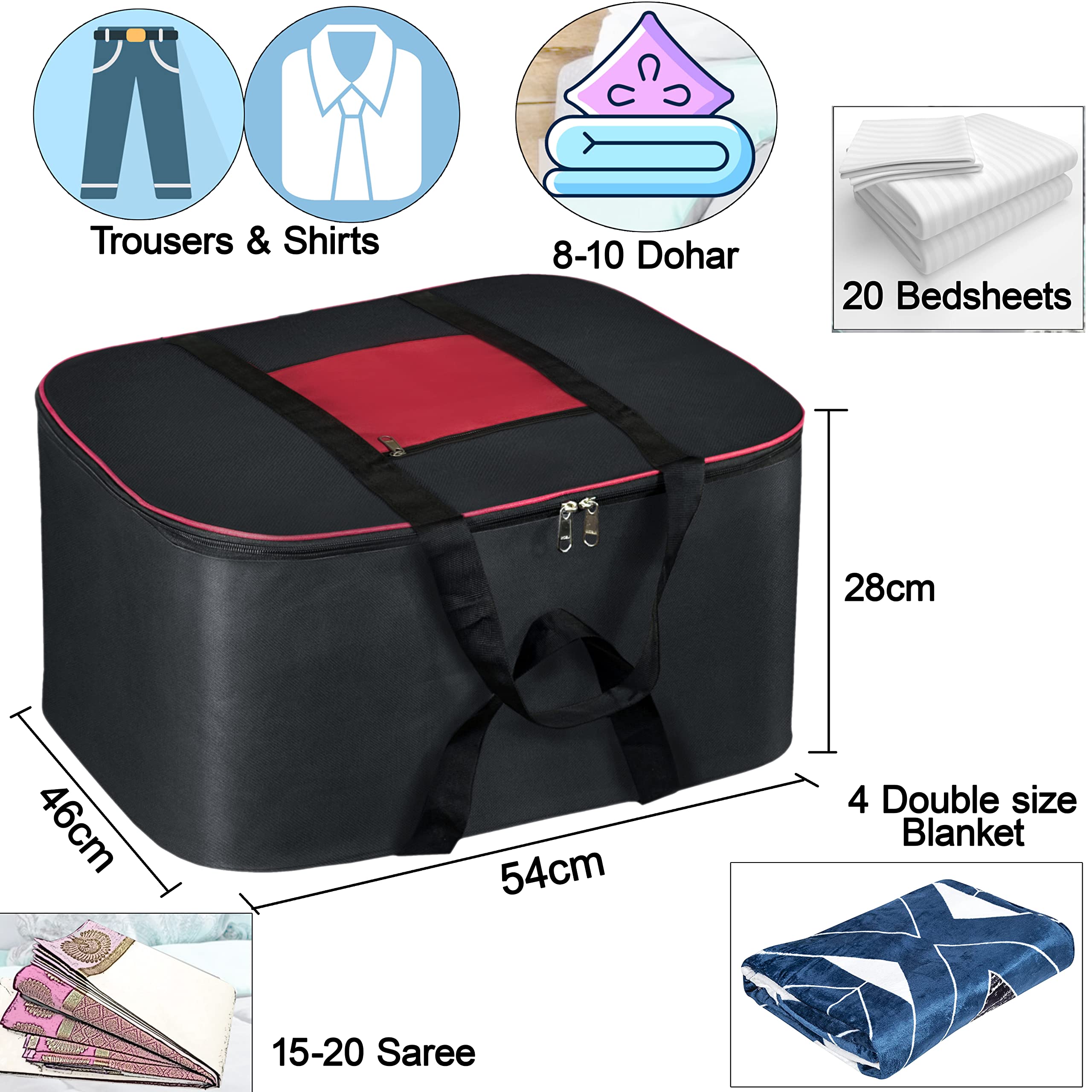 Storite 2 Pack Moisture Proof Nylon Large Size Underbed Storage Bag For Clothes (54 x 46 x 28 cm) - Black, Rectangular image 2