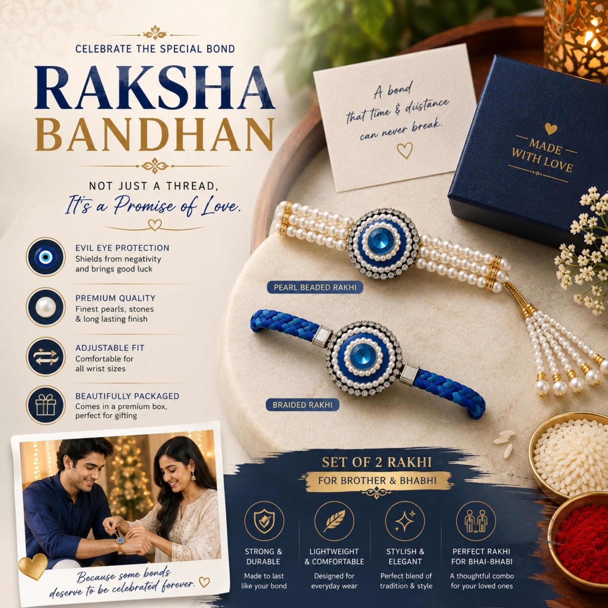 Bhaiya Bhabhi Rakhi Set with Pearl Bracelet | Designer Rakhi for Brother & Bhabhi | Traditional Raksha Bandhan image 4