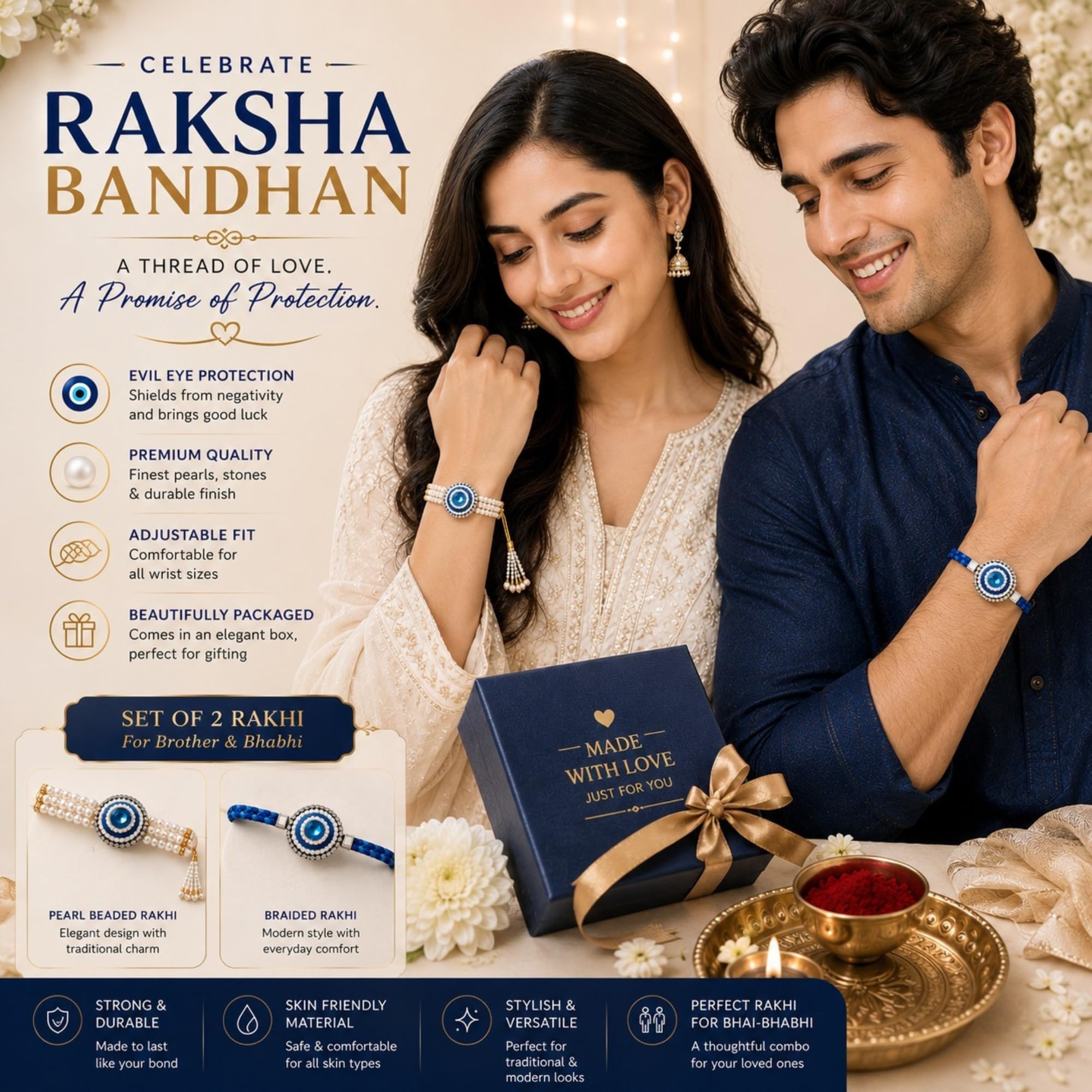 Bhaiya Bhabhi Rakhi Set with Pearl Bracelet | Designer Rakhi for Brother & Bhabhi | Traditional Raksha Bandhan image 3