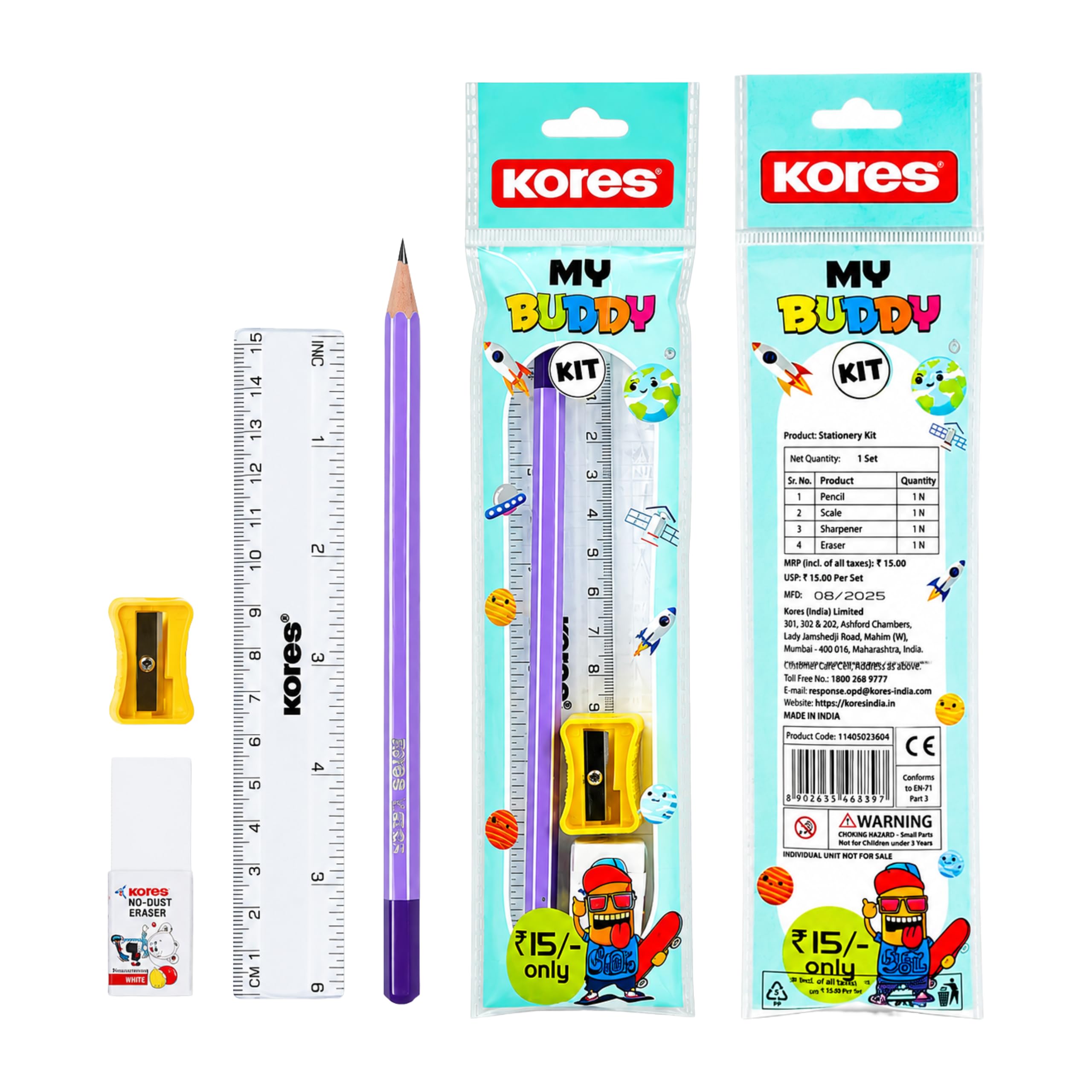 Kores My Buddy Kit Stationery Set, Pack of 10 | Pencil, Scale, Sharpener & Eraser | Kanjak Gift for Kanya Pujan & Navratri | Kids Return Gift image 4