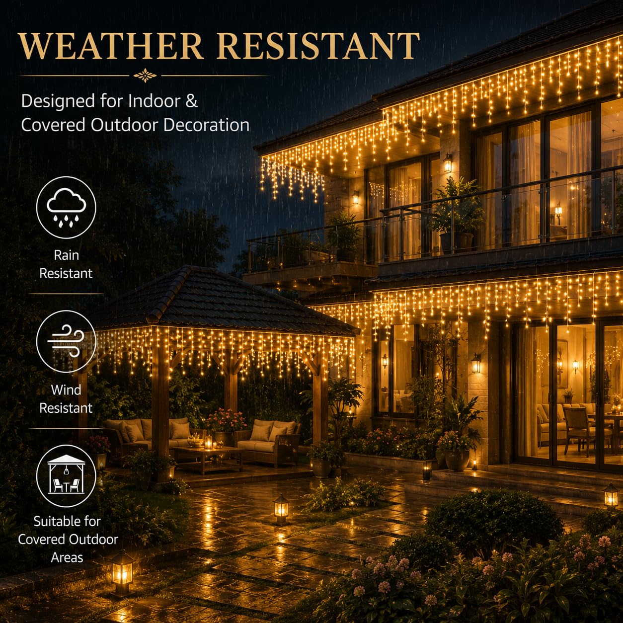 Desidiya 96 LED Warm White Icicle Curtain Lights, 10 Ft with 16 Drops image 2