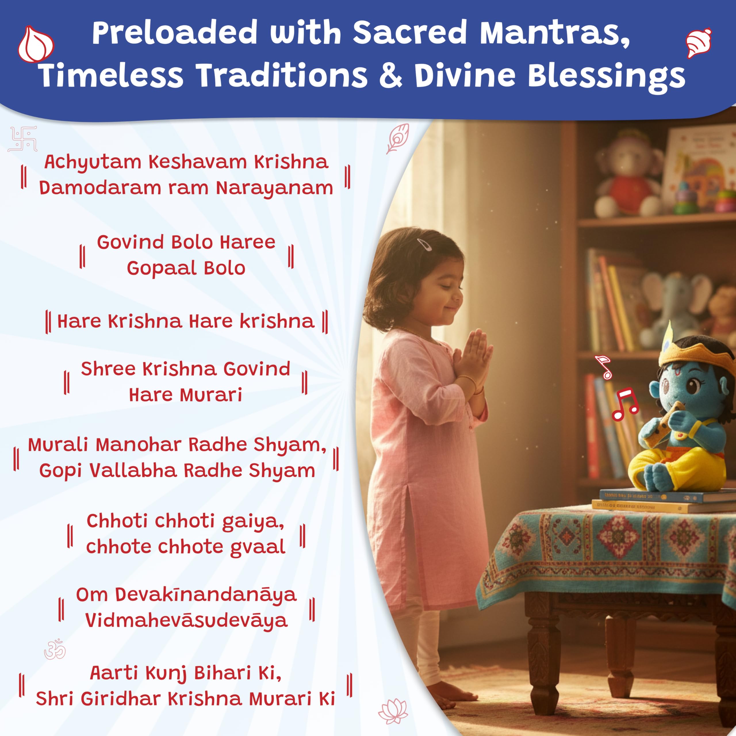 WonderBuddy Divine Mantra Chanting Baby Krishna with 8 Preloaded Mantras & Aartis, Musical Soft Plush Toy, Best Birthday Gift for Infants, Toddlers & Kids (Medium - 28 Cm) image 3
